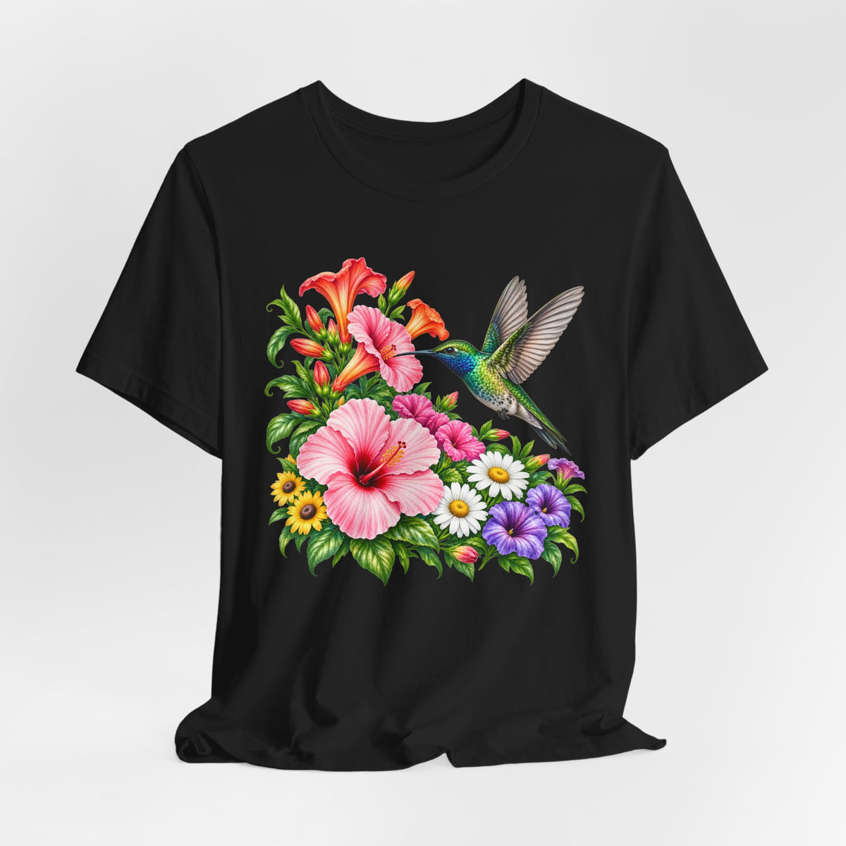 Hummingbird & Hibiscus T-Shirt, Colorful Tropical Floral Garden Tee - 14542