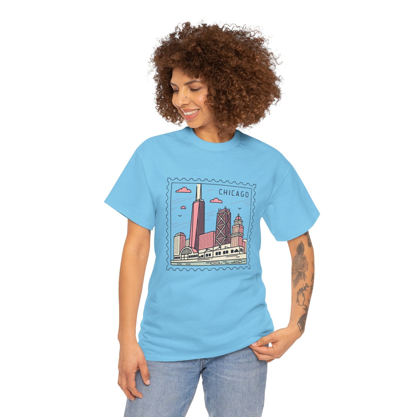 Chicago Skyline Postage Stamp Unisex Heavy Cotton Tee - 12130