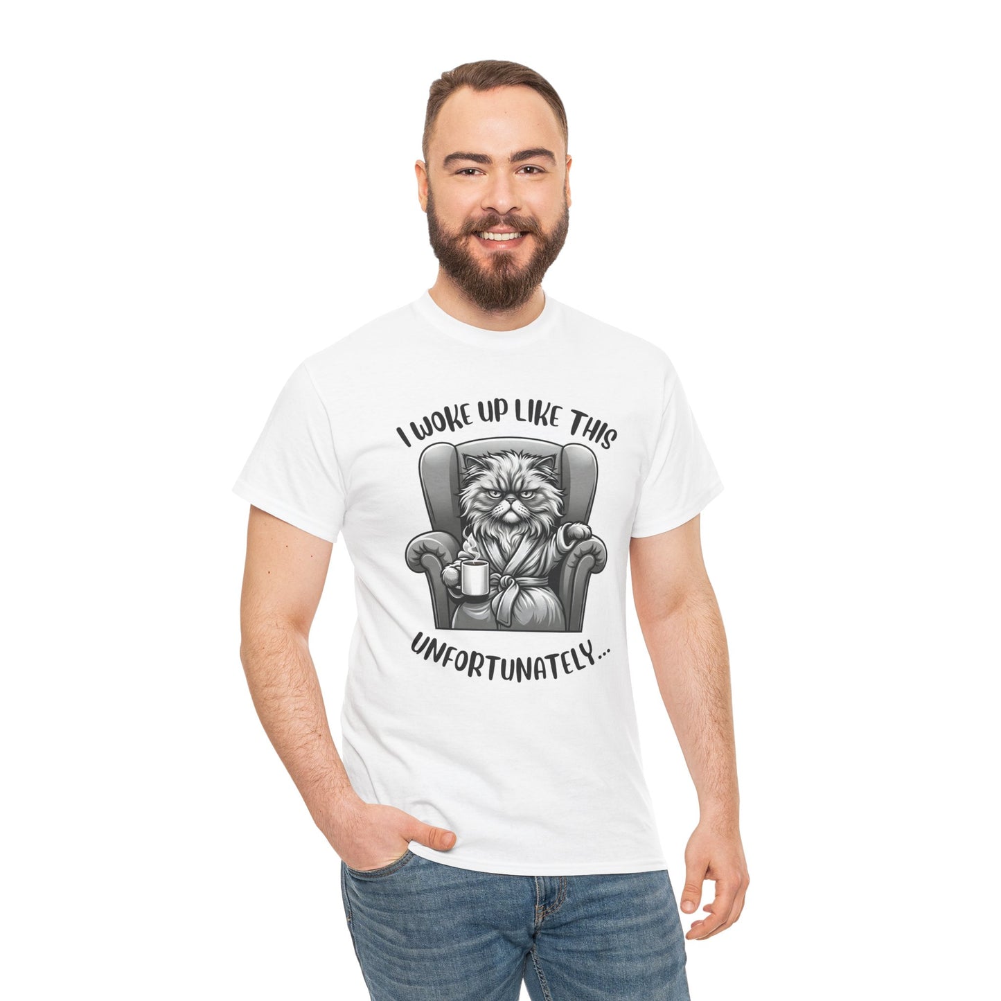 Funny Grumpy Cat T-Shirt – “I Woke Up Like This… Unfortunately” Graphic Tee- 14843