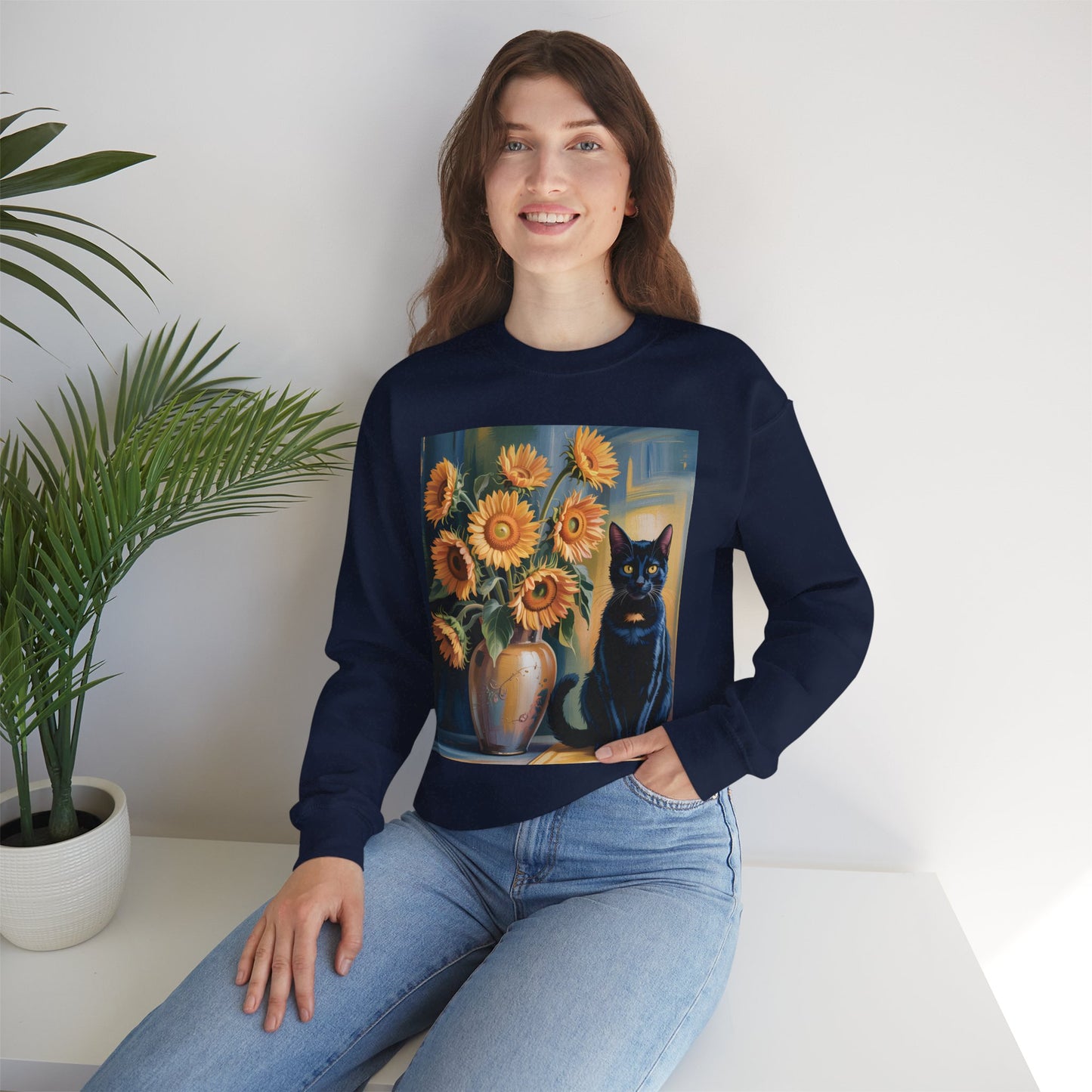 Van Gogh Style Black Cat & Sunflowers Sweatshirt – Art Lover Cozy Crewneck - 14766