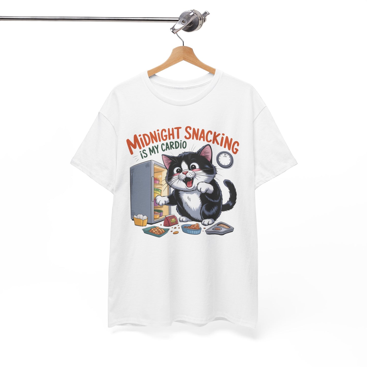 Midnight Snacking Is My Cardio T-Shirt — Funny Cat Graphic Tee, Cute Food Lover Gift - 14865