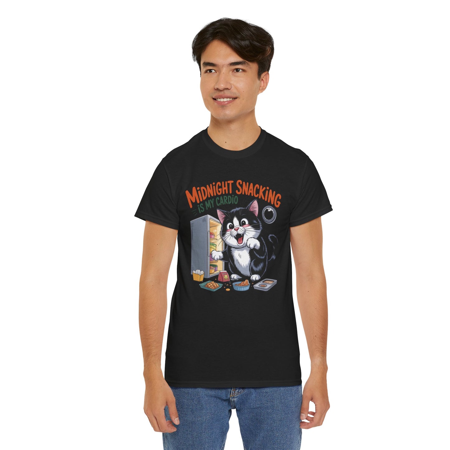 Midnight Snacking Is My Cardio T-Shirt — Funny Cat Graphic Tee, Cute Food Lover Gift - 14865