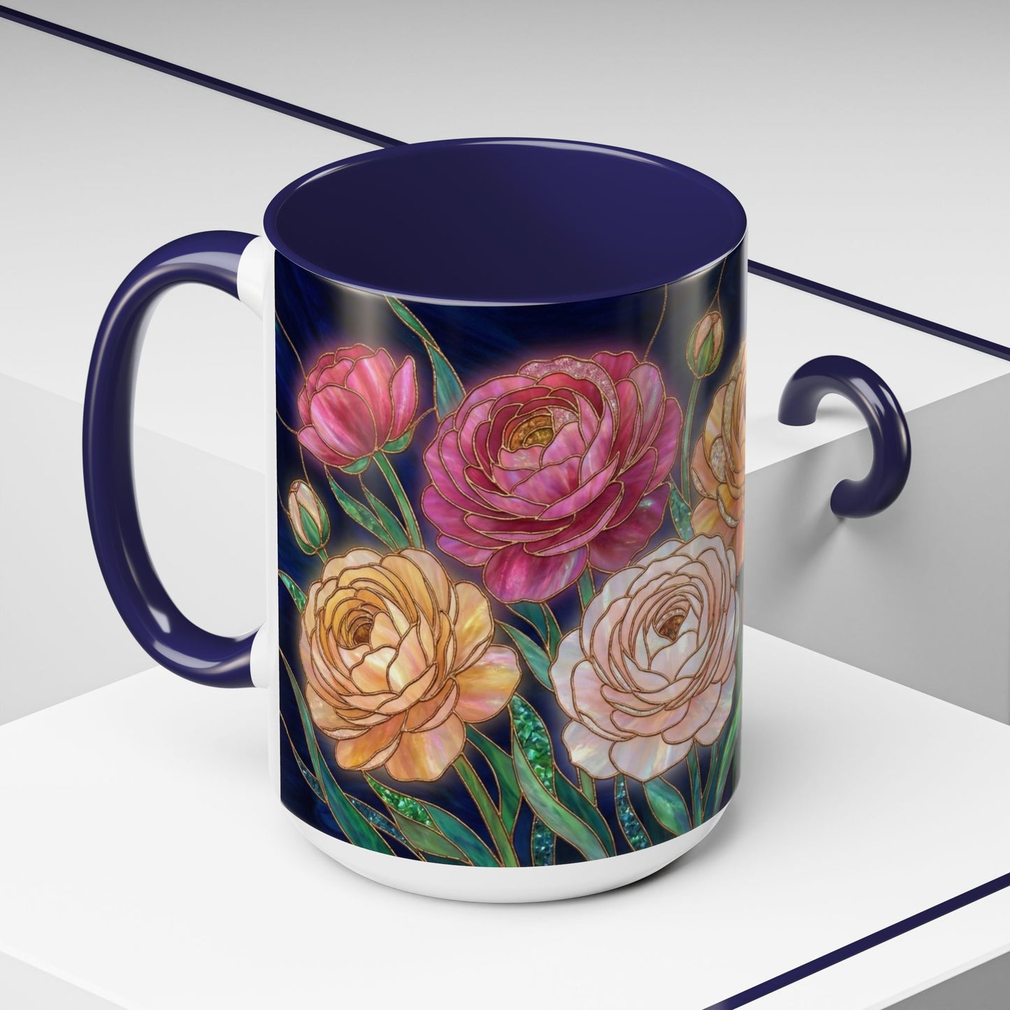 Ranunculus Floral Accent Coffee Mug — Stained Glass Design (11/15oz) - 14584