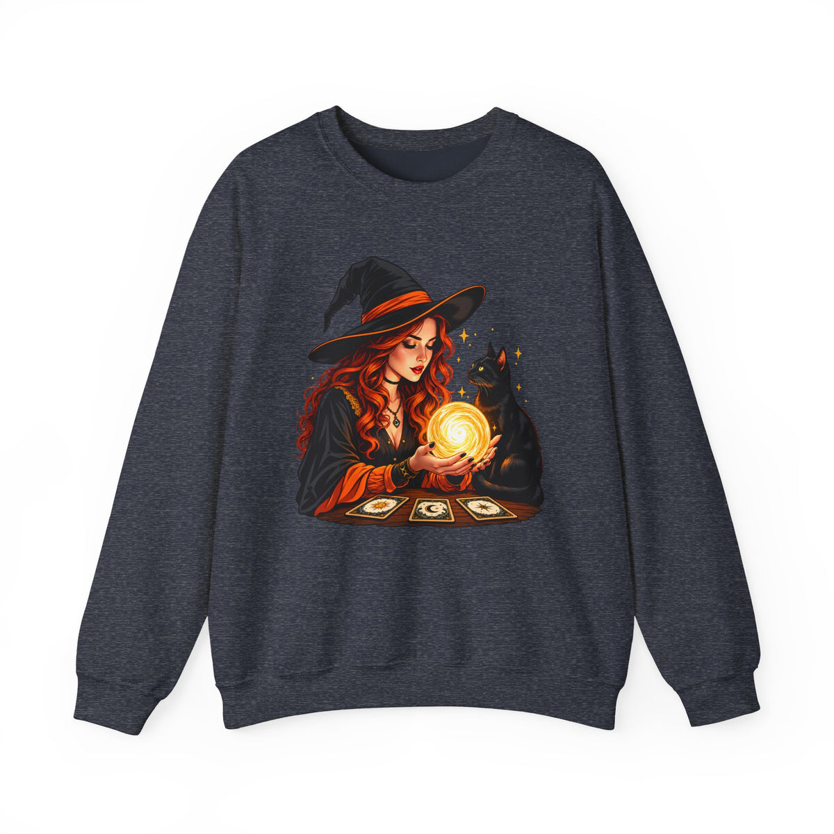Witch Tarot Crewneck Sweatshirt, Mystic Fortune Teller & Black Cat Design - 14504
