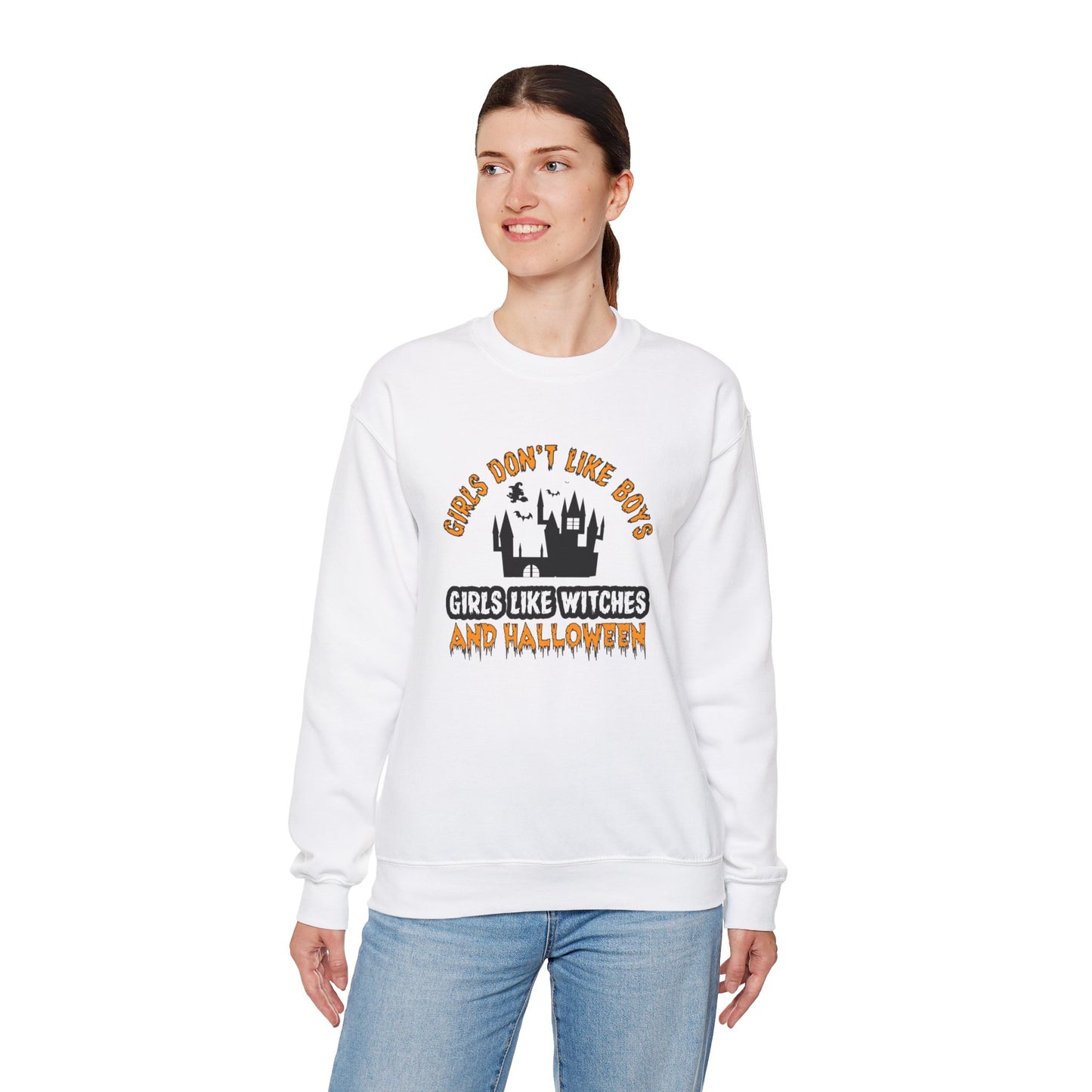 Girls Don't Like Boys. Girls Like Witches and Halloween - Unisex Heavy Blend™ Crewneck Sweatshirt