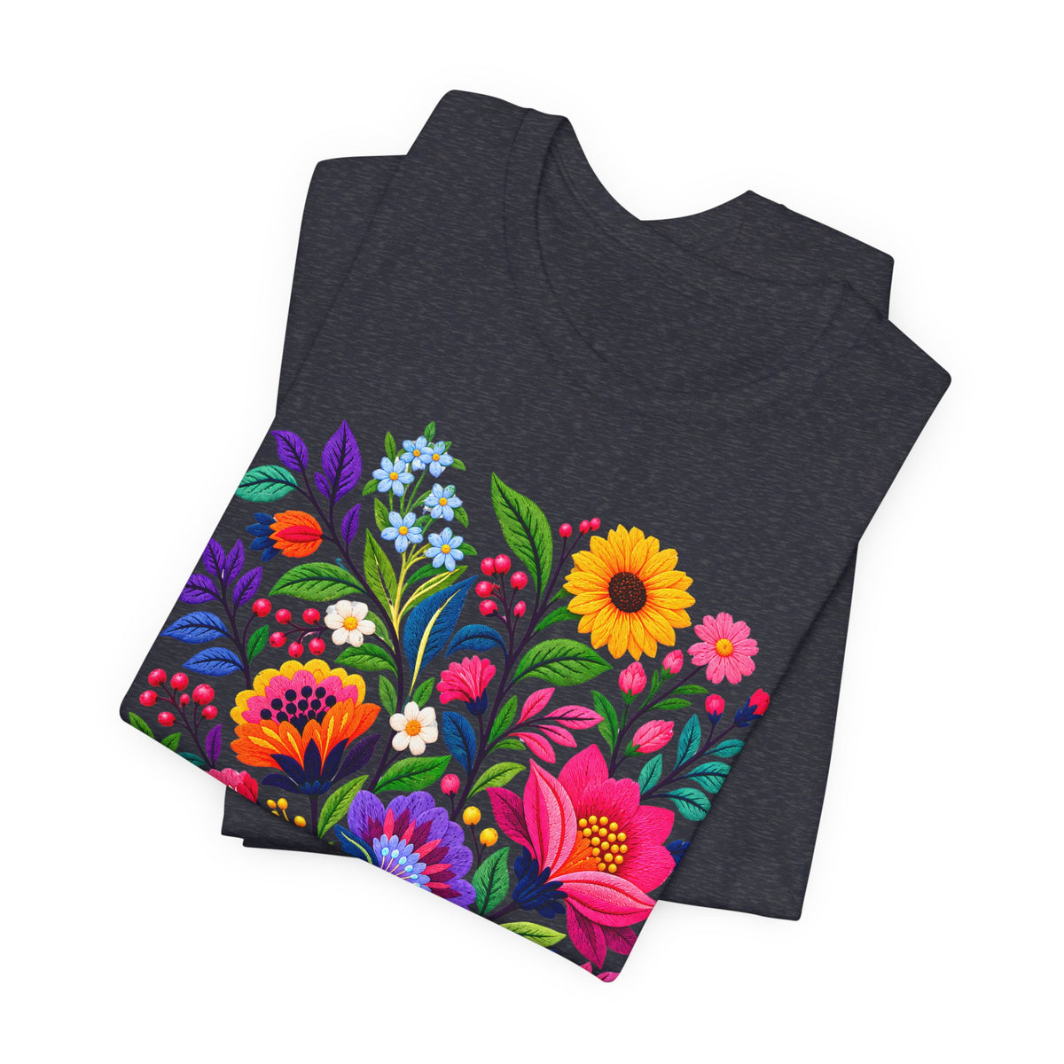 Bright Folk Art Floral T-Shirt, Colorful Flower Bouquet Tee - 14513