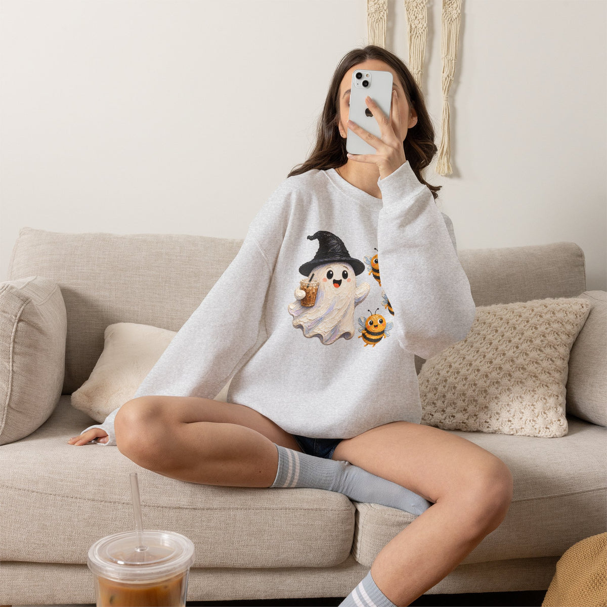 Cute Halloween Ghost & Bees Sweatshirt, Whimsical Witch Hat Crewneck - 14538