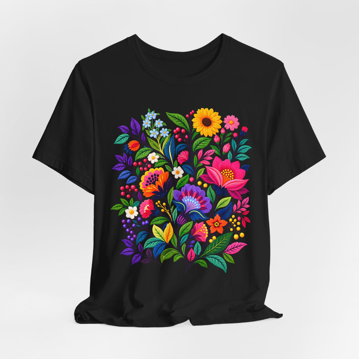 Bright Folk Art Floral T-Shirt, Colorful Flower Bouquet Tee - 14513