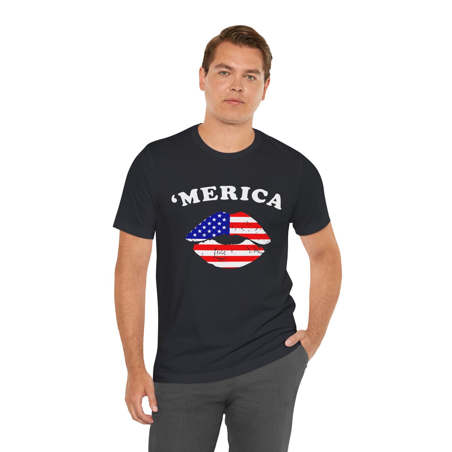'Merica Unisex Jersey Tee, Patriotic Short Sleeve Shirt, USA Flag Design, Independence Day Apparel, Festival Wear, Summer Casual - 13519