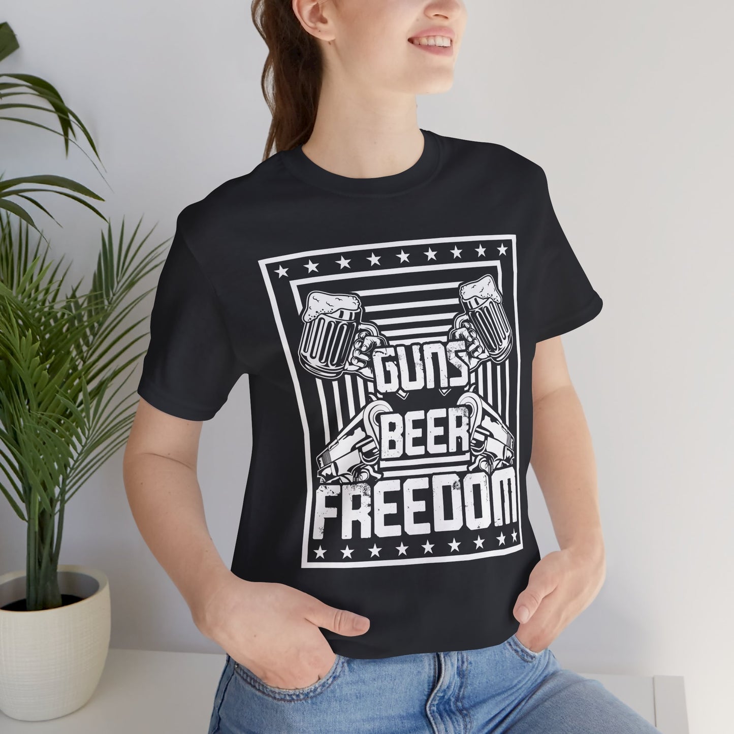 4th of July, Guns Beer Freedom Unisex Tee, Casual Shirt, Patriotic Apparel, Gift for Him, Party Tee, Everyday Wear - 13598