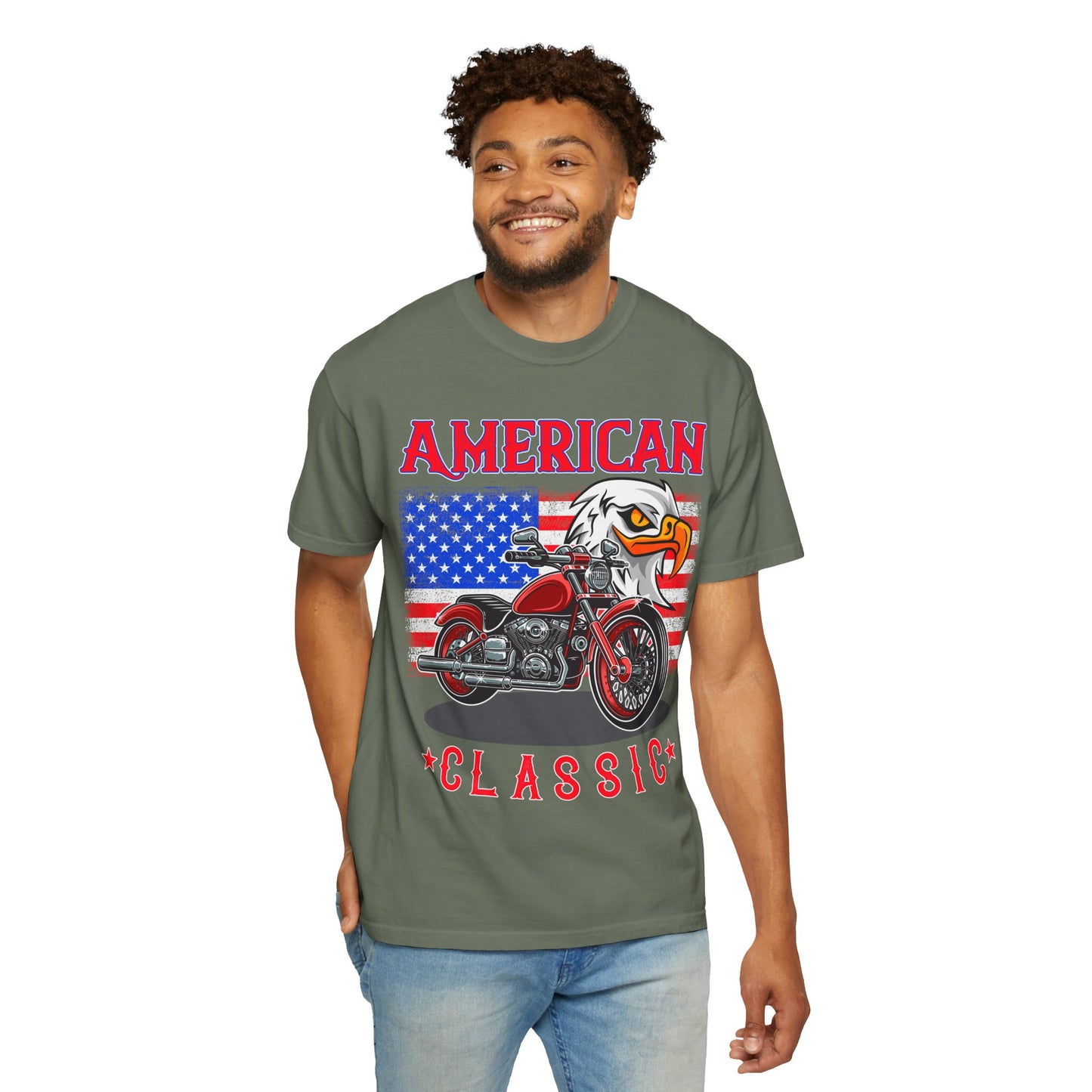 American Classic Tee, Unisex Garment-Dyed T-shirt, Biker Gift, Patriotic Apparel, Rider and Eagle Fashion, Vintage Style - 13658