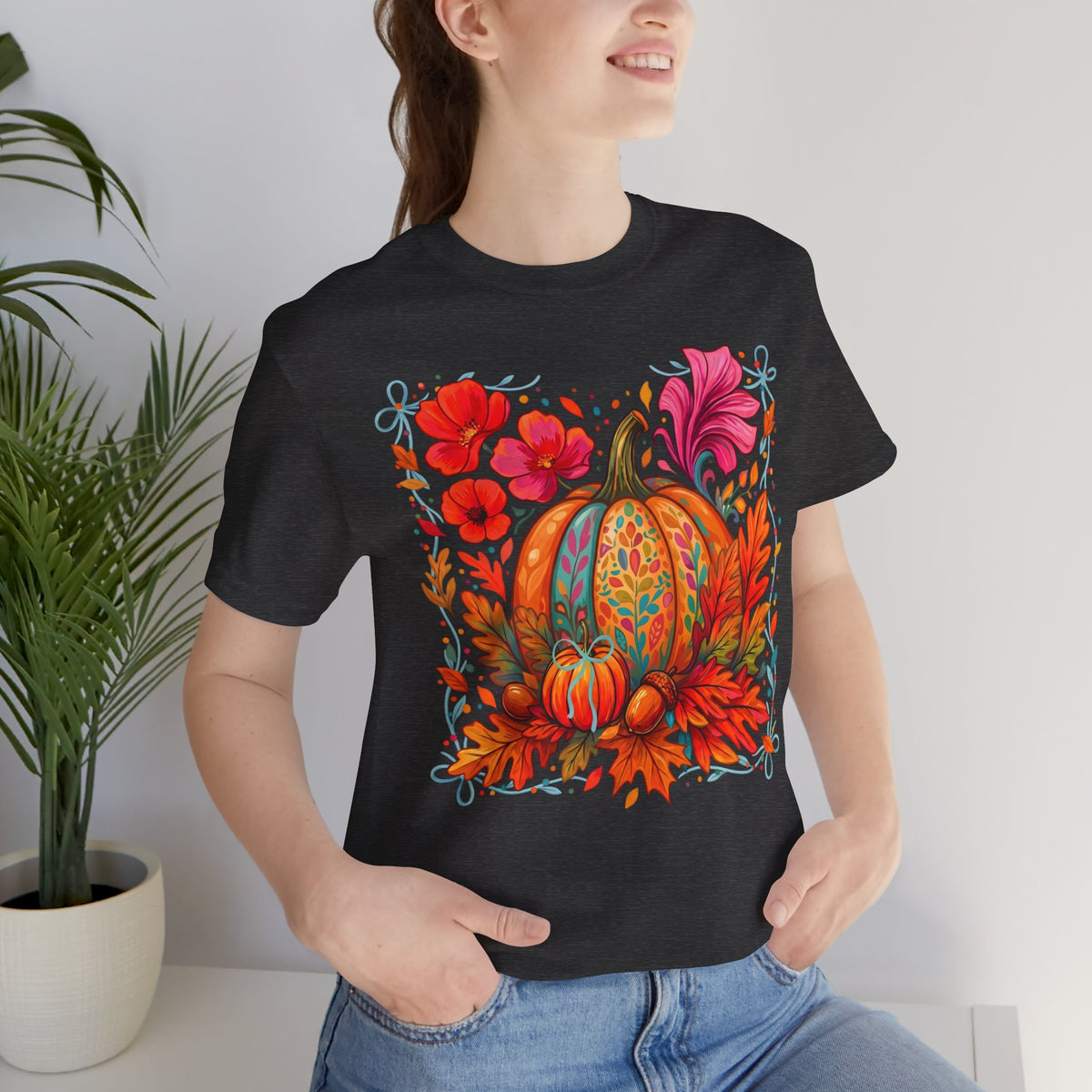 Autumn Floral Pumpkin T-Shirt, Fall Harvest Graphic Tee - 14930
