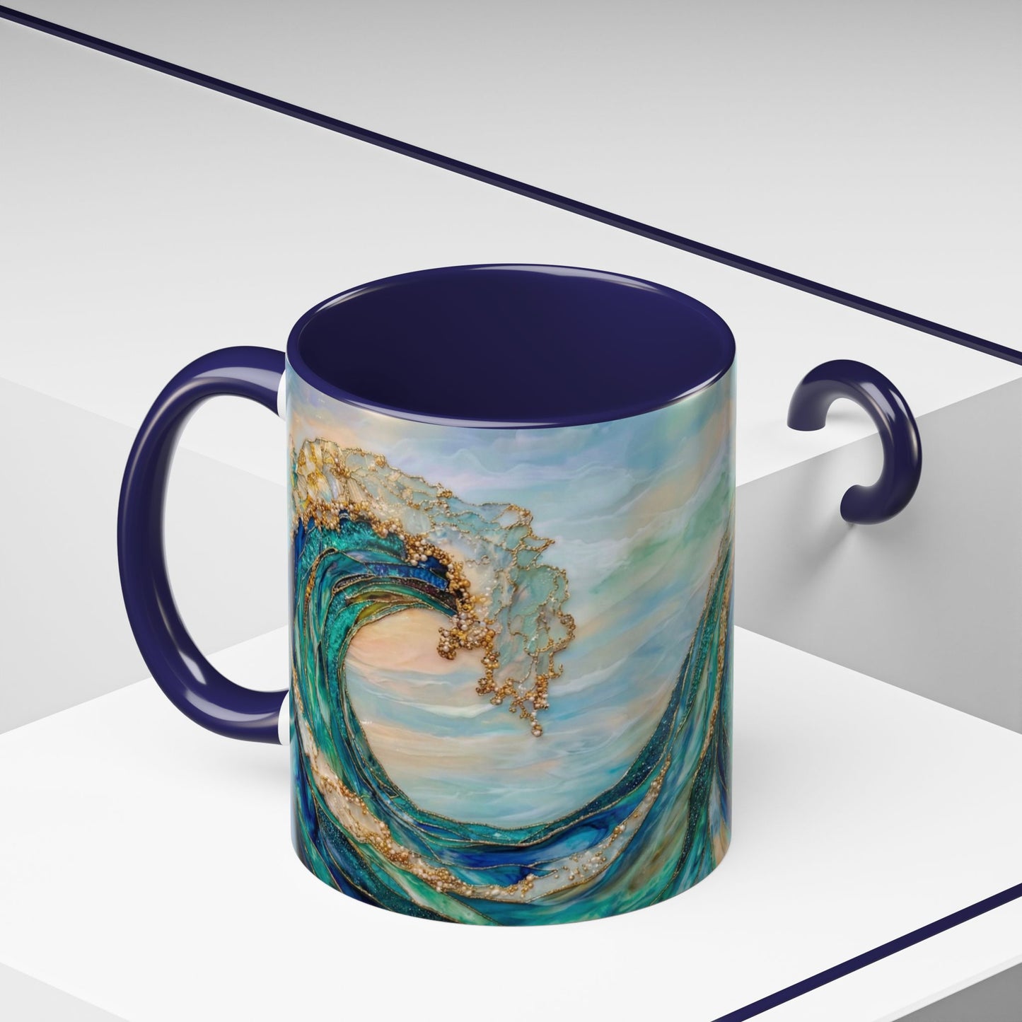 Ocean Heart Wave Coffee Mug — Teal Blue Accent Beachy Ceramic Mug (11/15oz) - 14521