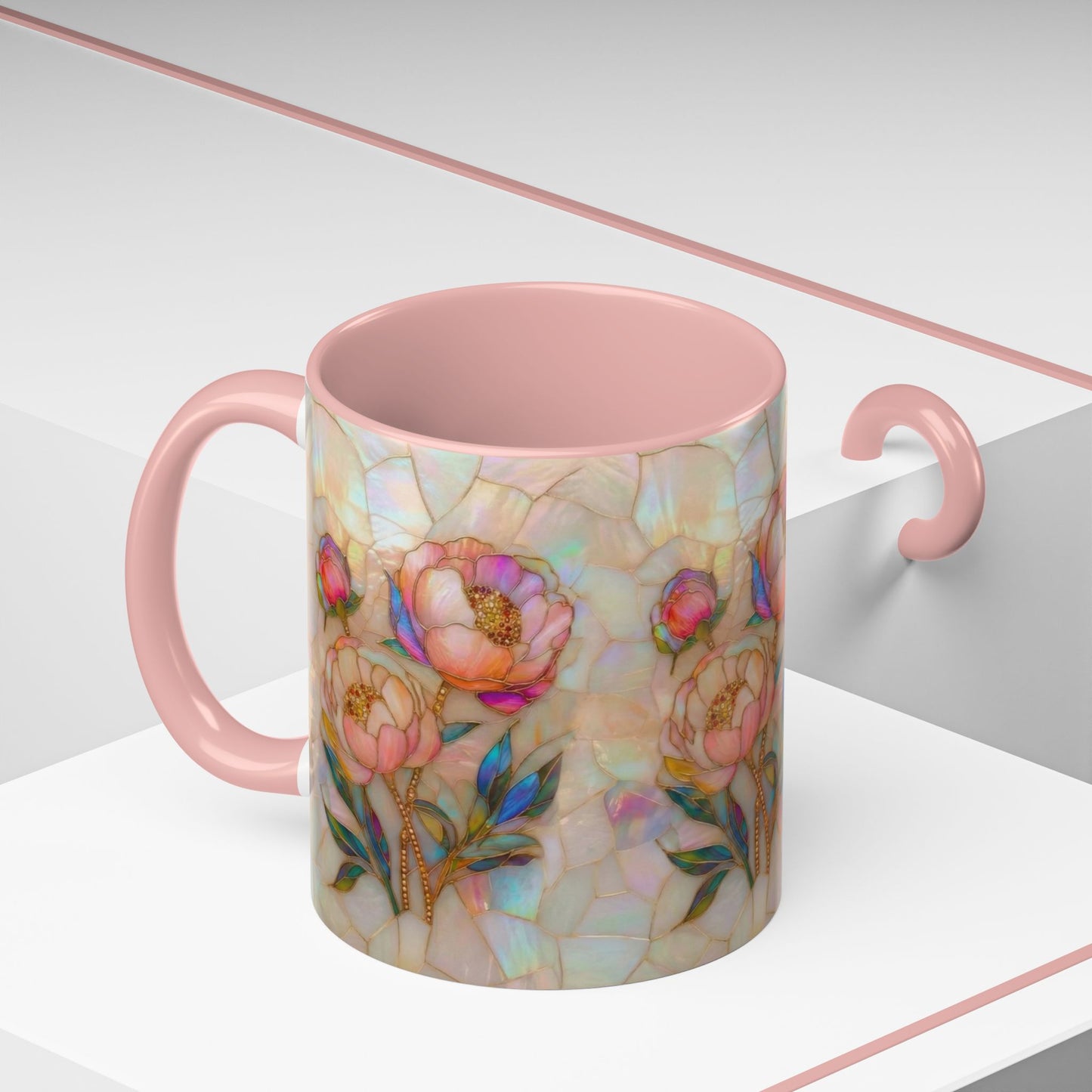 Peony Stained Glass Accent Coffee Mug – Floral Art 11/15oz - 14519