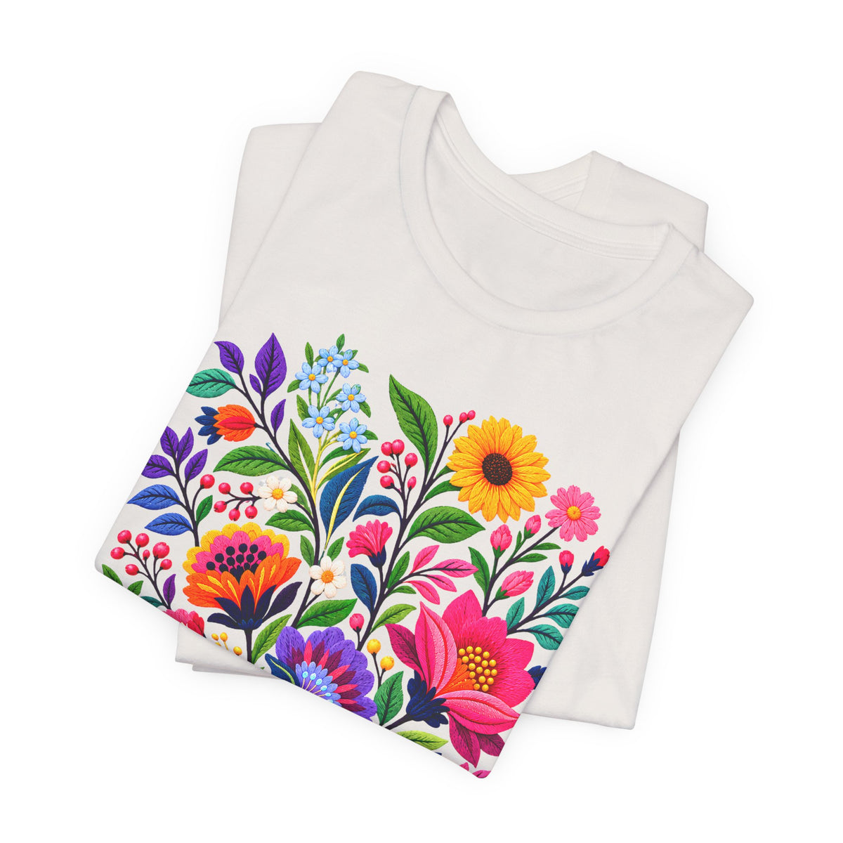 Bright Folk Art Floral T-Shirt, Colorful Flower Bouquet Tee - 14513