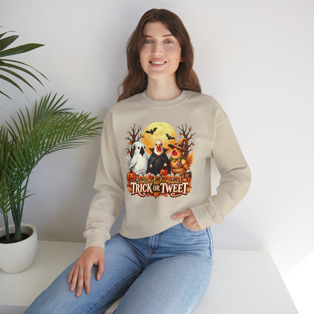 Trick or Tweet Halloween Sweatshirt, Cute Costume Chickens & Ghost Crewneck- 14512