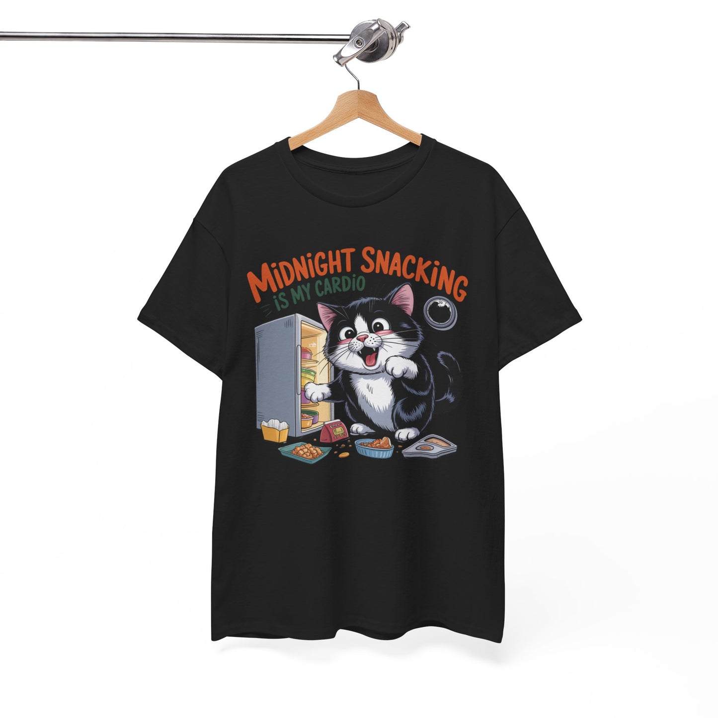 Midnight Snacking Is My Cardio T-Shirt — Funny Cat Graphic Tee, Cute Food Lover Gift - 14865