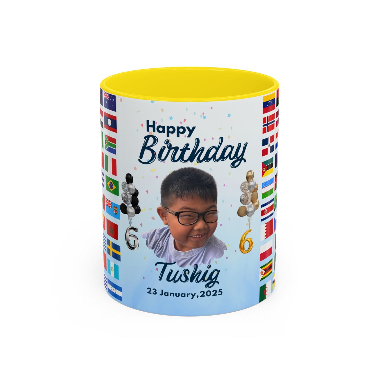 Kids, Happy Birthday, World Flag Fan, Details Customizable - Accent Coffee Mug (11, 15oz) - 11232
