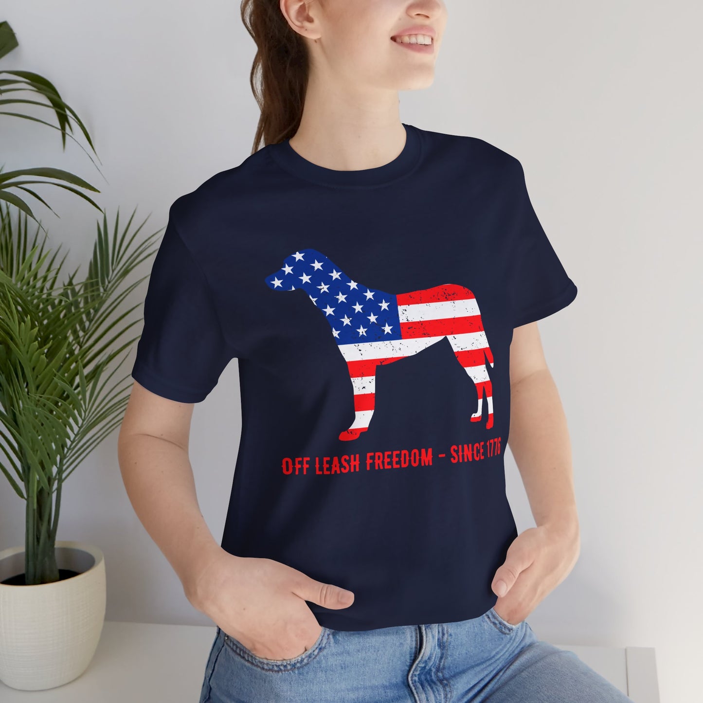 Patriotic Dog Lover Tee | Off Leash Freedom T-shirt, Dog Graphic Shirt, Fourth of July Gift, Casual Wear, Pet Lover Apparel - 13790