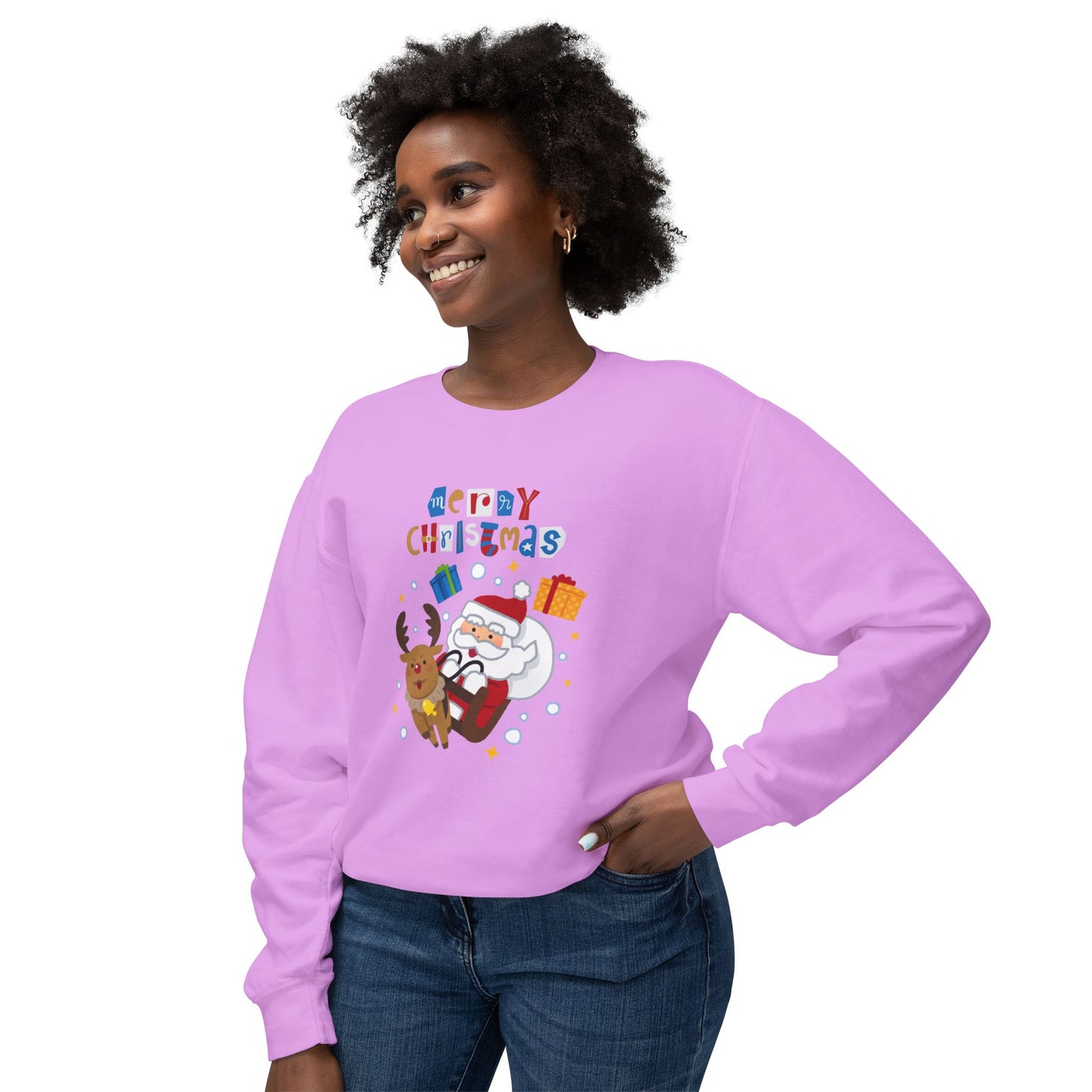 Merry Christmas, Santa & Reindeer - Unisex Lightweight Crewneck Sweatshirt - 10470