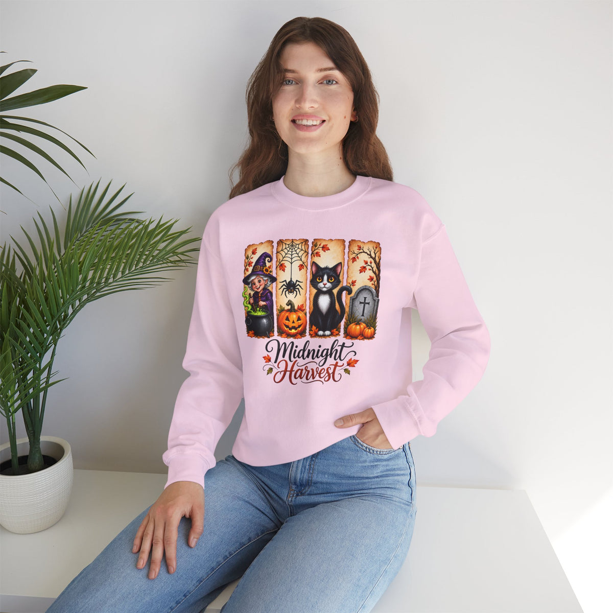 Midnight Harvest Halloween Sweatshirt, Witch, Black Cat, Pumpkins & Spooky Fall Crewneck - 14514