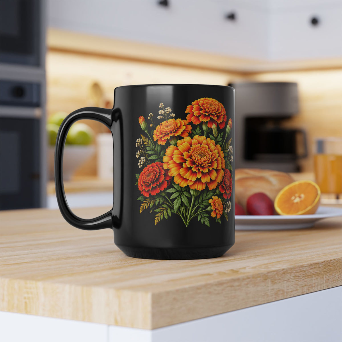 Personalized October Marigold Black Mug, Custom Name Birth Flower Coffee Cup - 14977