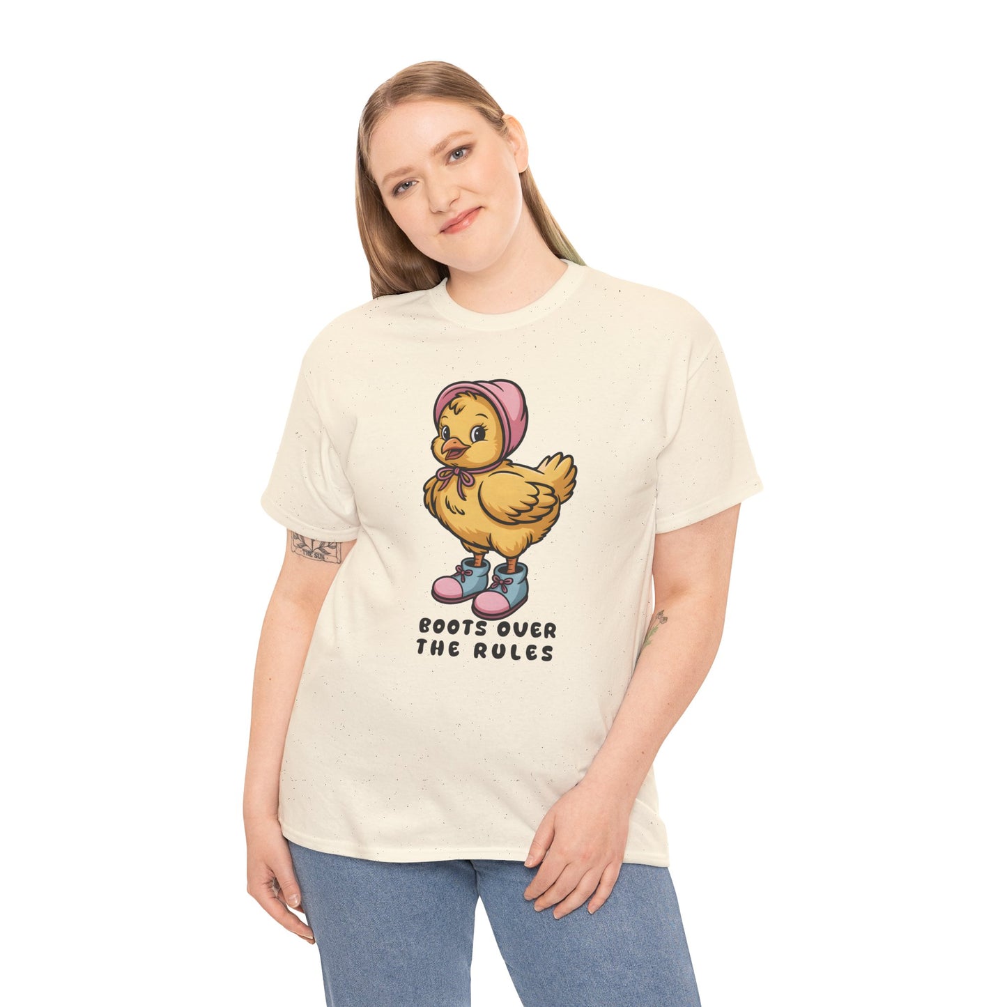 Cute Chick in Boots T-Shirt – “Boots Over The Rules” Funny Chicken Graphic Tee Gift - 14858