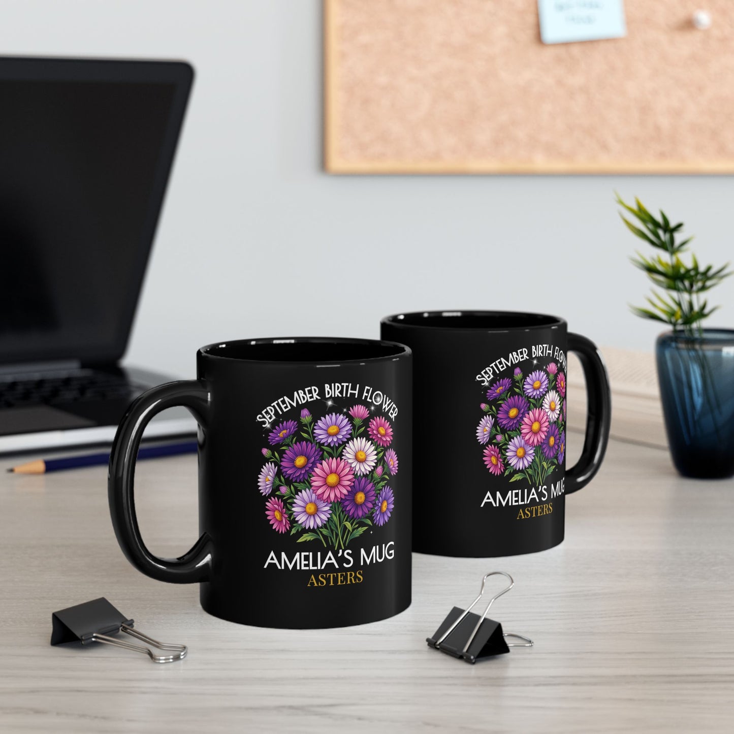 Personalized September Birth Flower Mug — Custom Name Aster Black Coffee Cup (11oz/15oz) - 14918