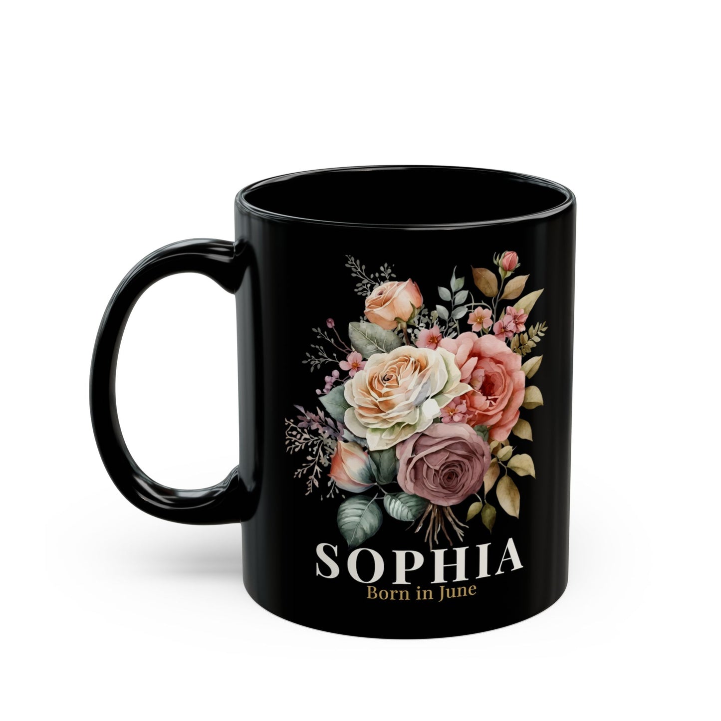 Custom Born in June Mug – Personalized June Birthday Floral Rose Coffee Cup, Black Ceramic Mug 11oz 15oz - 14894