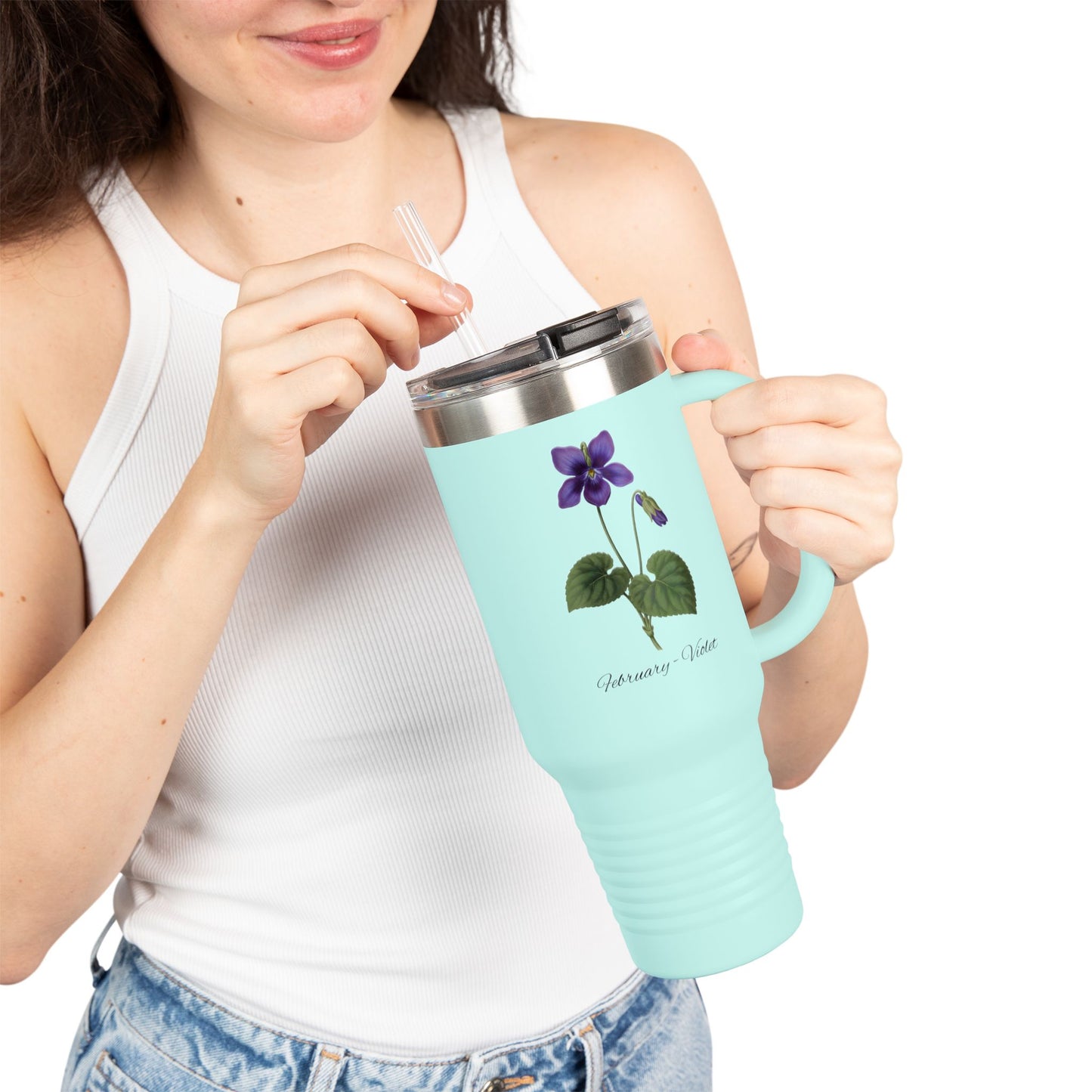 Violet (Single) Floral Tumbler – February Birth Flower Gift | 40oz Insulated Travel Mug, Customizable — 14698