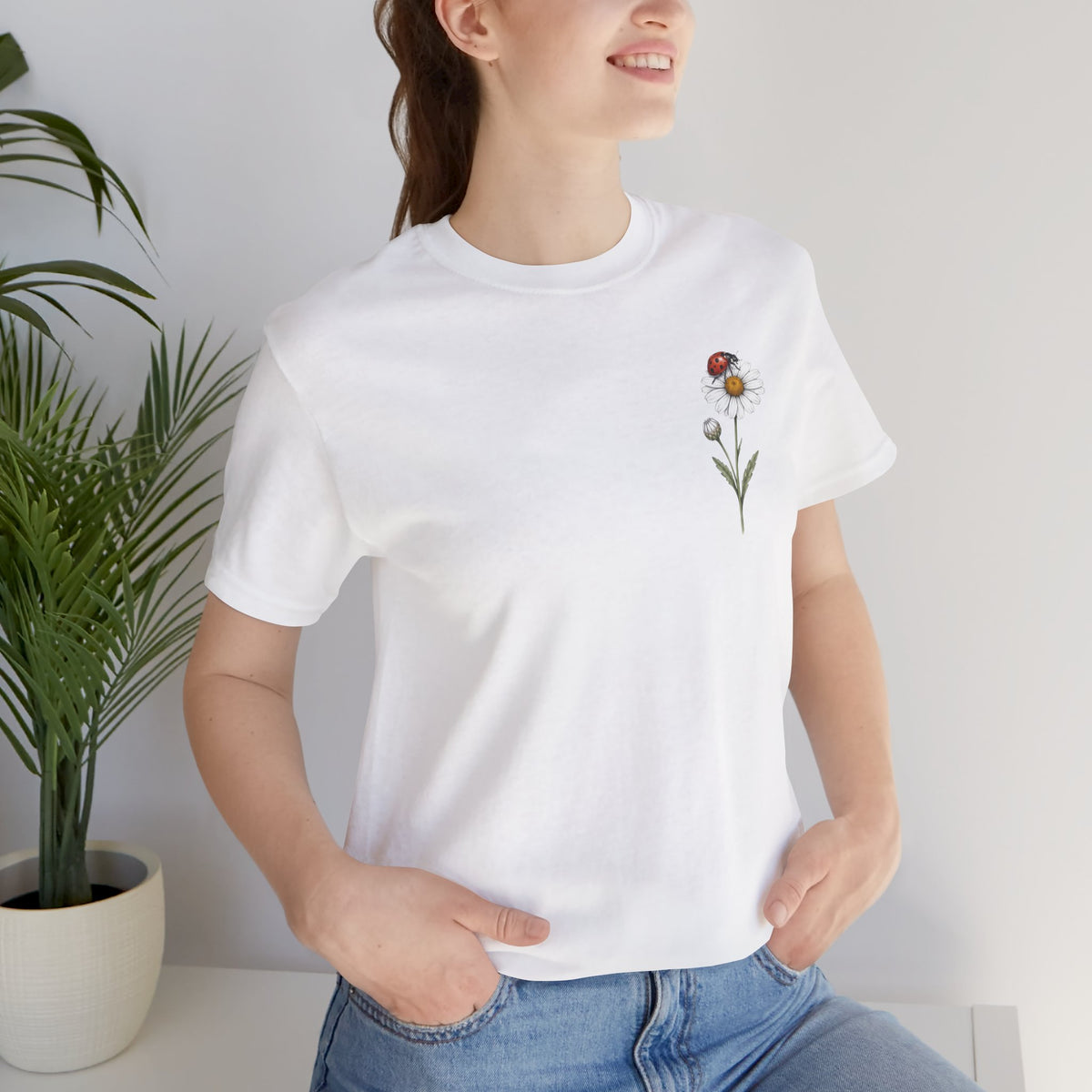 Daisy & Ladybug Floral T-Shirt, Minimal Wildflower Pocket Graphic Tee - 14963