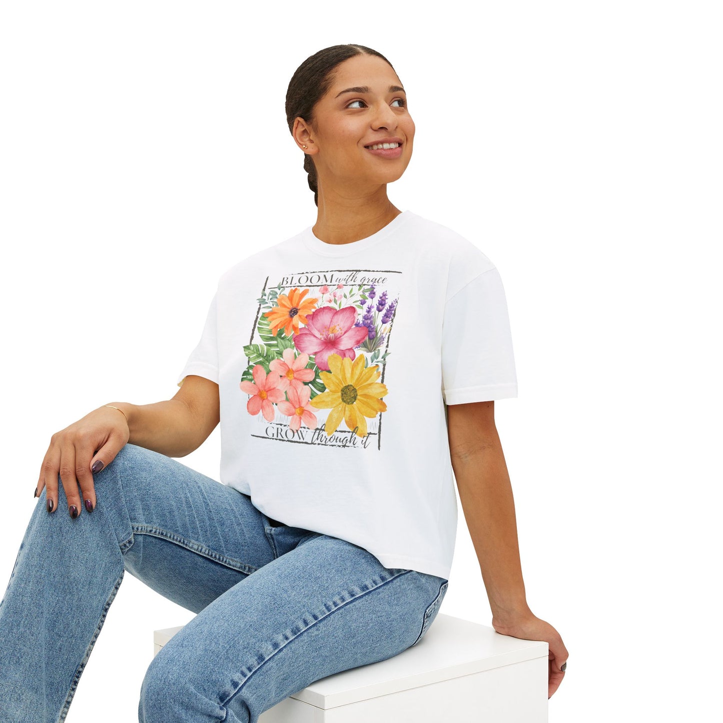 Bloom With Grace Floral Boxy Tee,  “Grow Through It” Inspirational Women’s T-Shirt - 14944