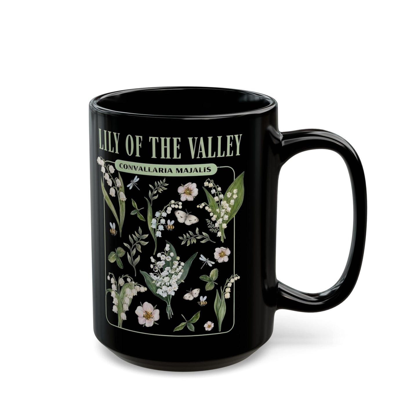 May Birth Flower Mug – Lily of the Valley Black Ceramic Coffee Cup (11oz, 15oz) - 11887