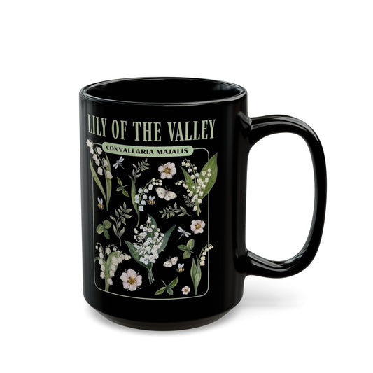 May Birth Flower Mug – Lily of the Valley Black Ceramic Coffee Cup (11oz, 15oz) - 11887