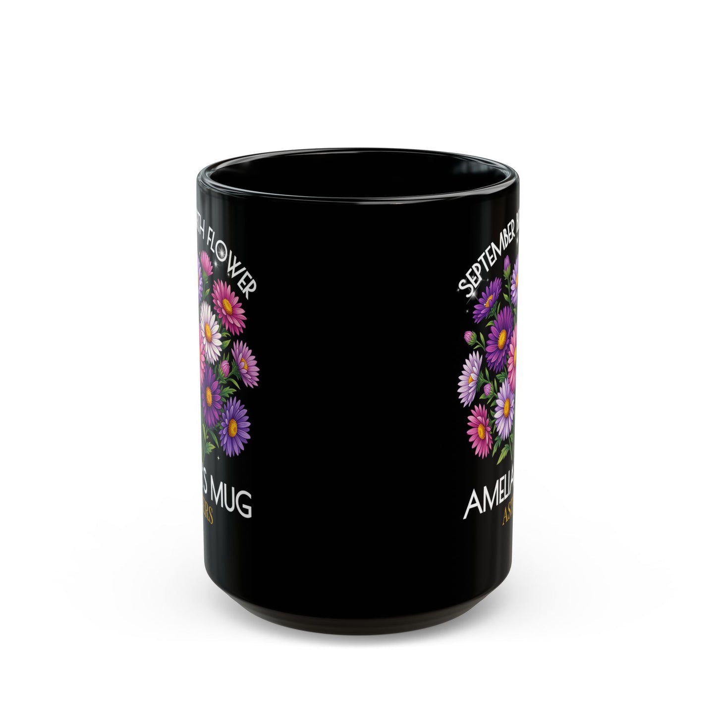 Personalized September Birth Flower Mug — Custom Name Aster Black Coffee Cup (11oz/15oz) - 14918