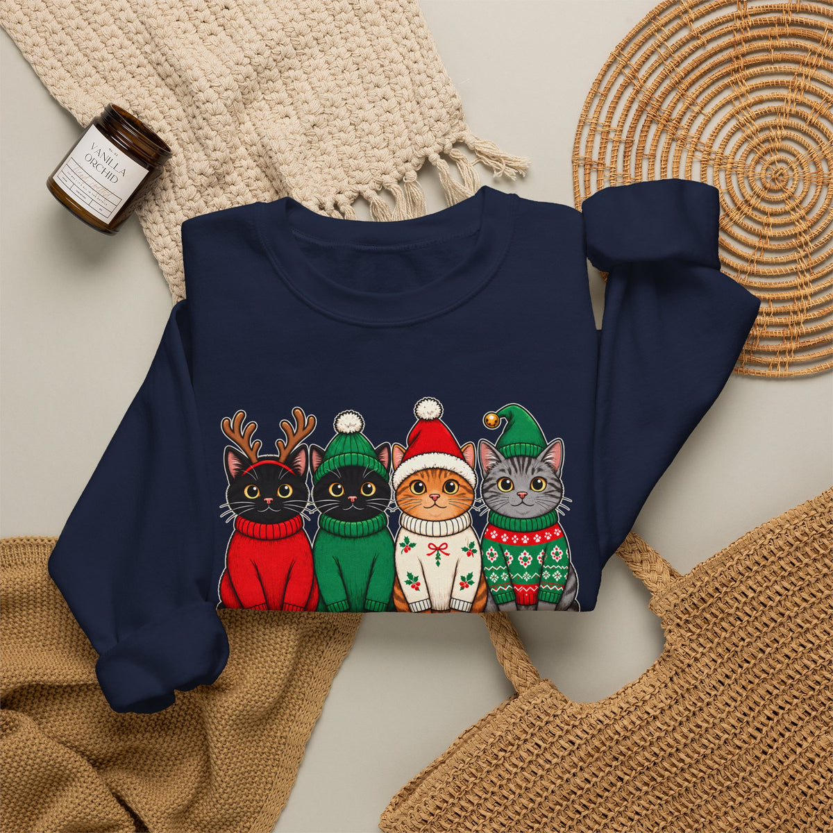 Feline Festive Sweatshirt, Cute Christmas Cats Crewneck - 14564