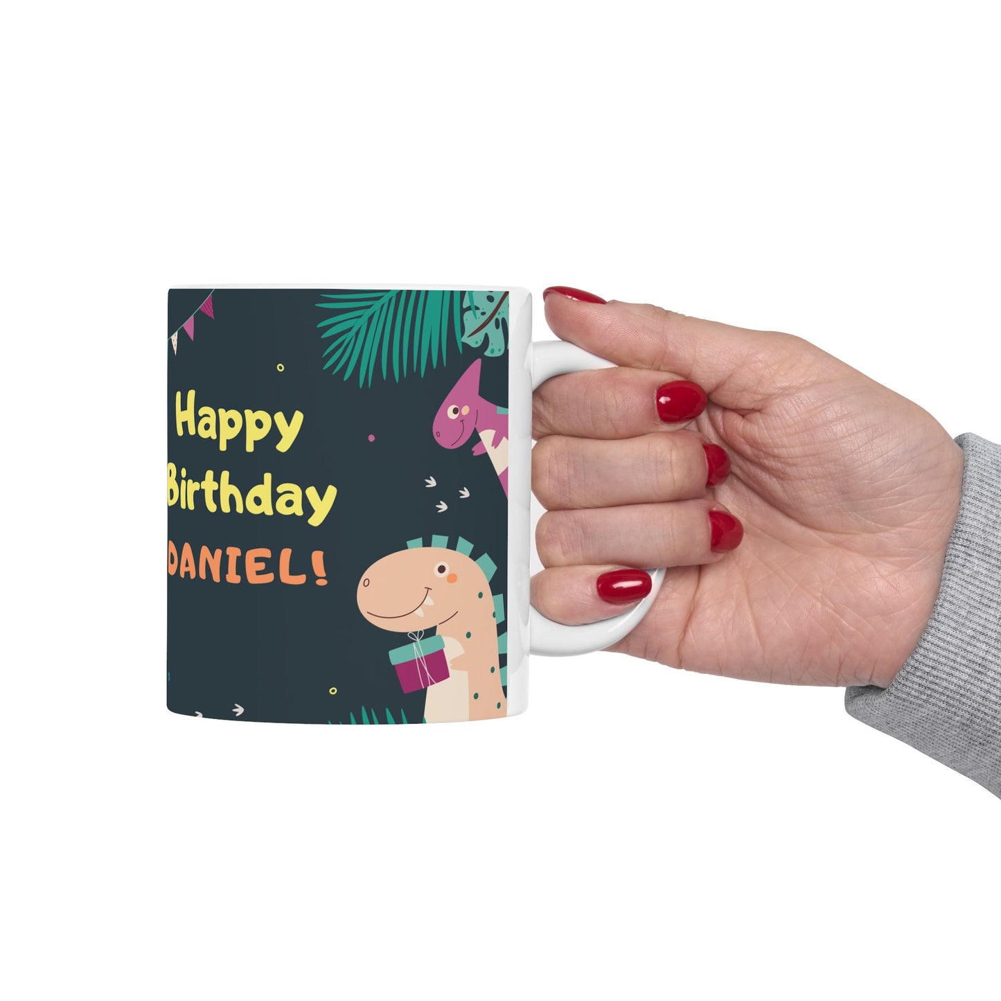 Happy Birthday, Dinosaur Lover, Photo & Name Customizable - Ceramic Mug, (11oz, 15oz) - 11238