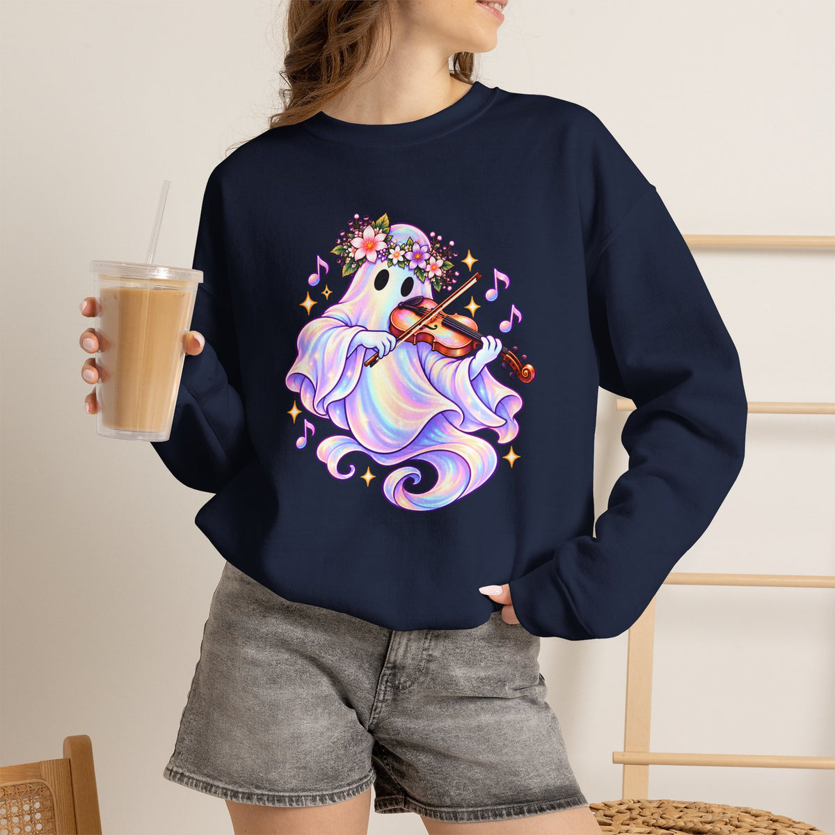 Ghost Violin Sweatshirt — Cute Floral Music Lover Crewneck - 14527