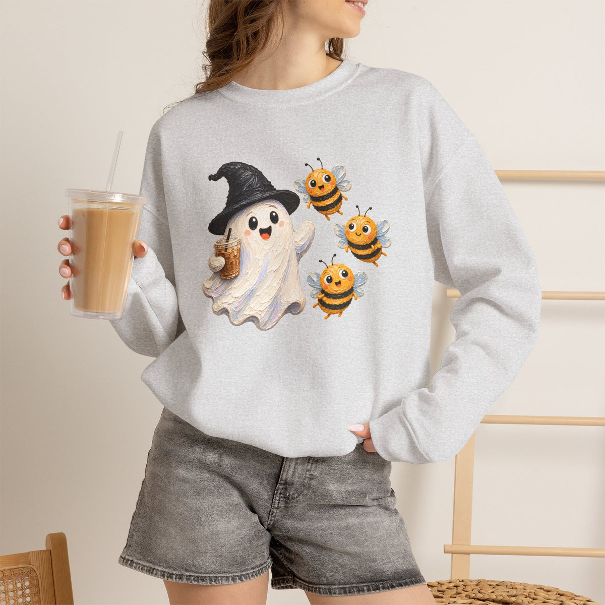 Cute Halloween Ghost & Bees Sweatshirt, Whimsical Witch Hat Crewneck - 14538