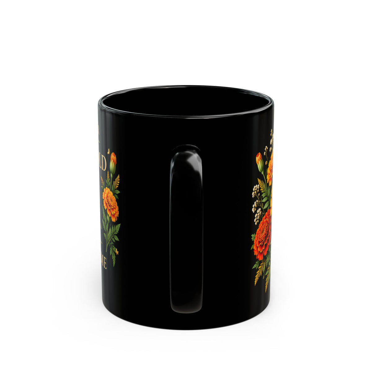 Personalized October Marigold Black Mug, Custom Name Birth Flower Coffee Cup - 14977