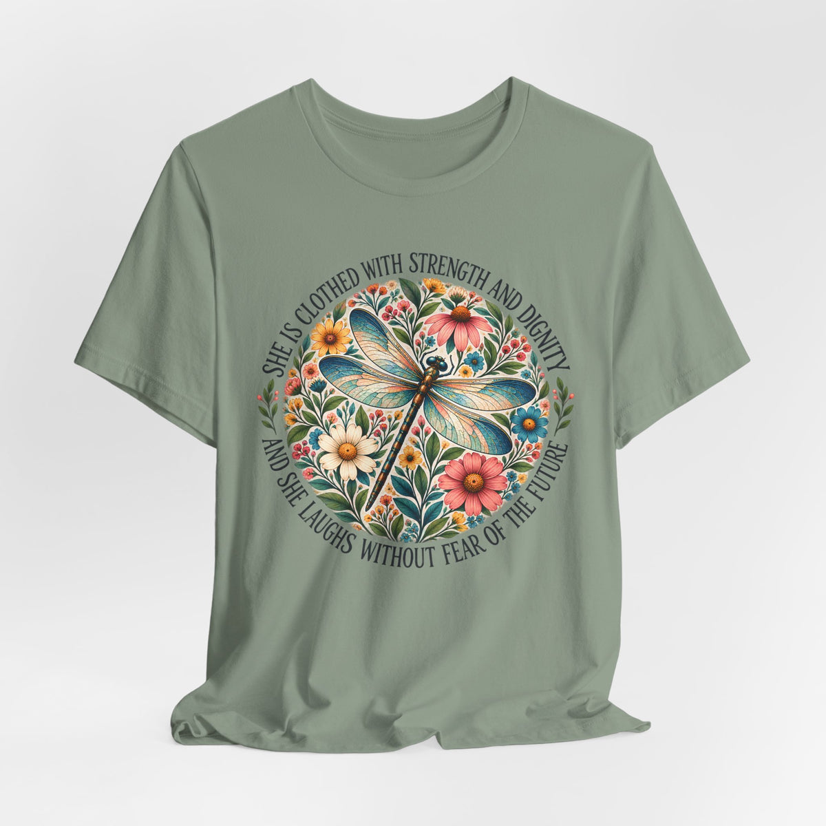 Dragonfly Floral T-Shirt, “She Is Clothed With Strength and Dignity” Inspirational Women’s Tee - 14993