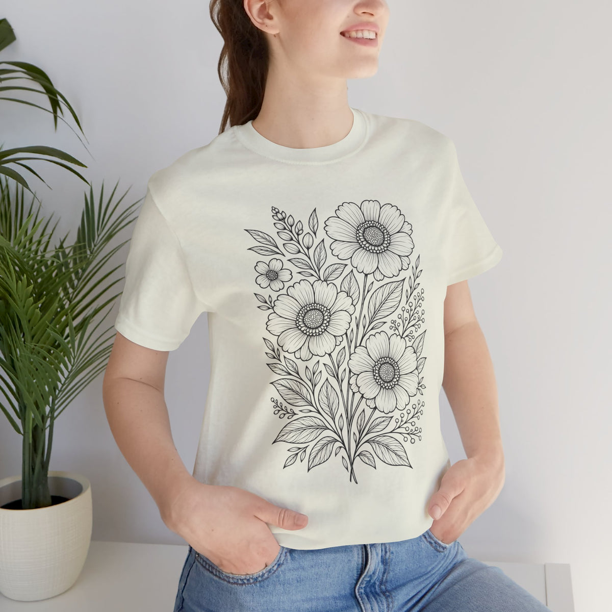 Vintage Floral Line Art T-Shirt, Botanical Wildflower Tee - 14561