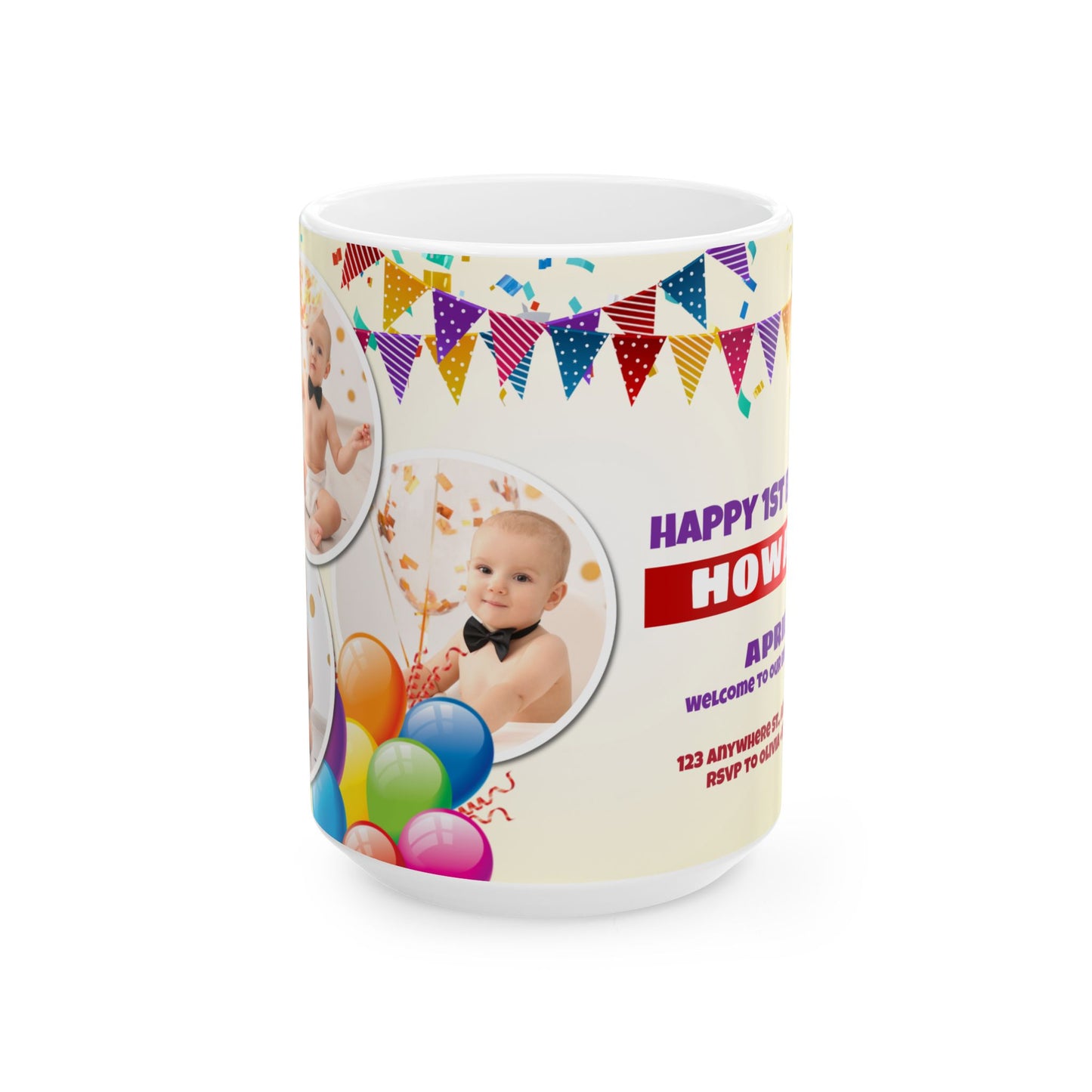 Personalized Birthday Ceramic Mug - Custom 1st Birthday Celebration Cup, Party Favor, Kid's Birthday Gift, Colorful Balloons, Fun Memories - 13997