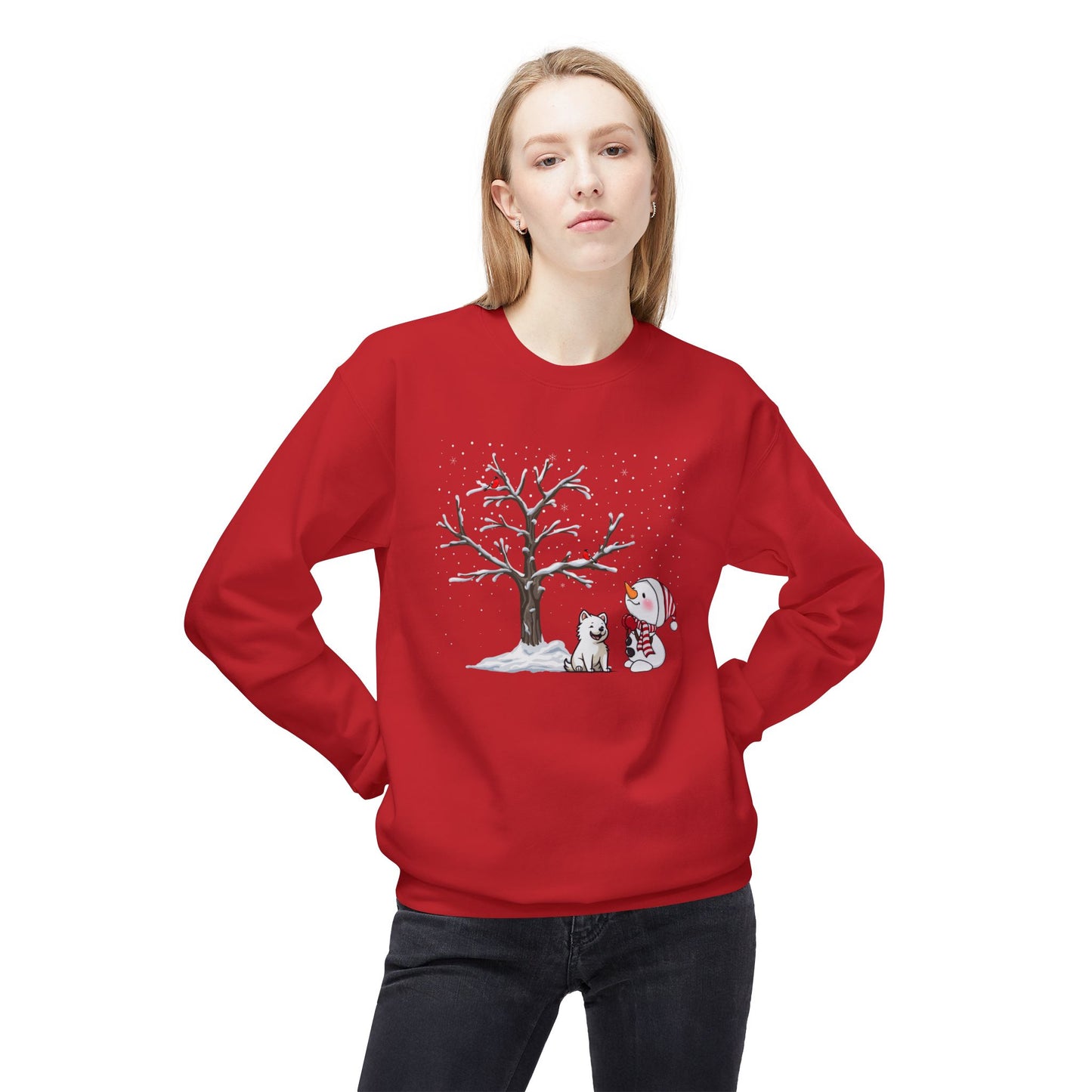 Winter Tree, Snowman & Puppy - Unisex Midweight Softstyle Fleece Crewneck Sweatshirt - 10393