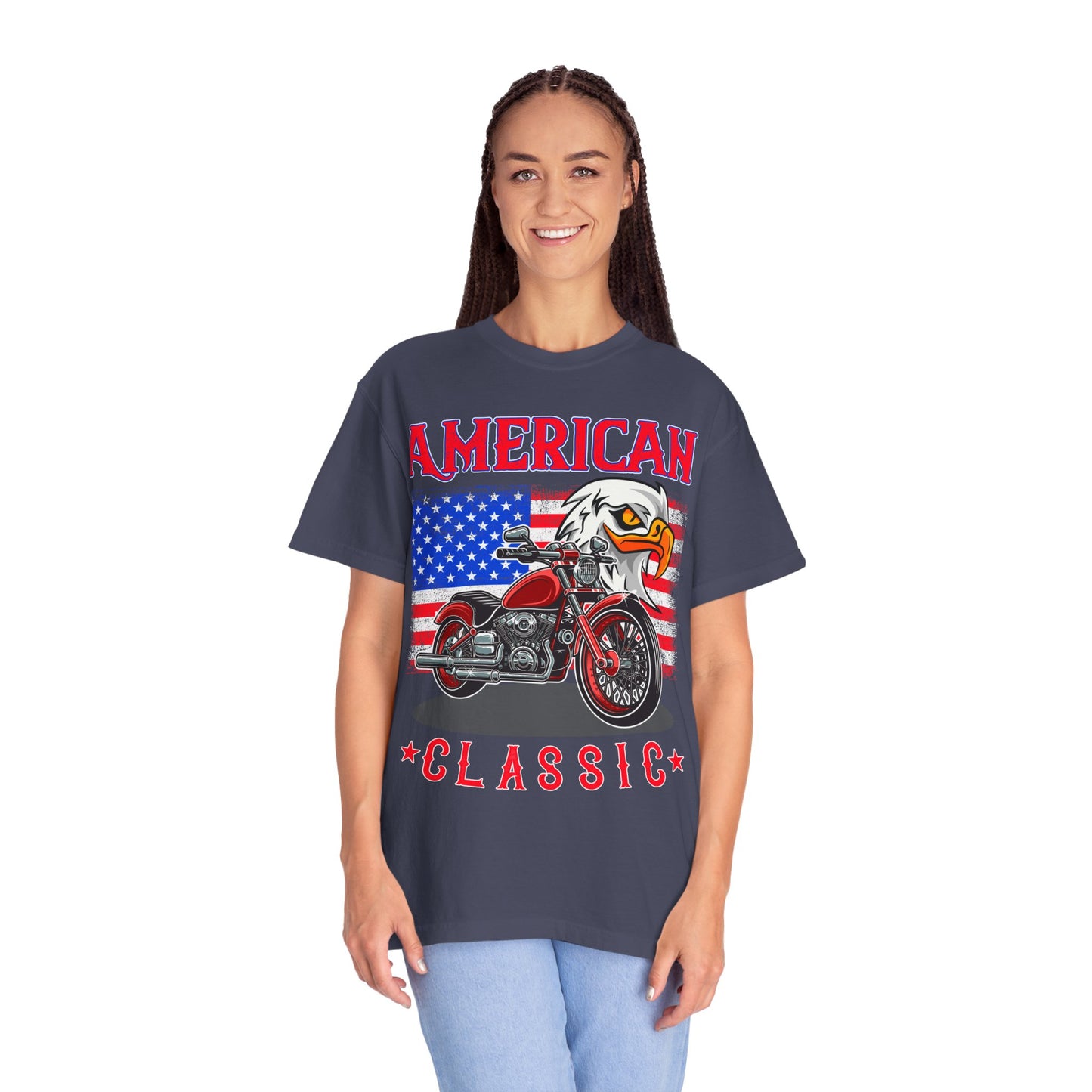 American Classic Tee, Unisex Garment-Dyed T-shirt, Biker Gift, Patriotic Apparel, Rider and Eagle Fashion, Vintage Style - 13658