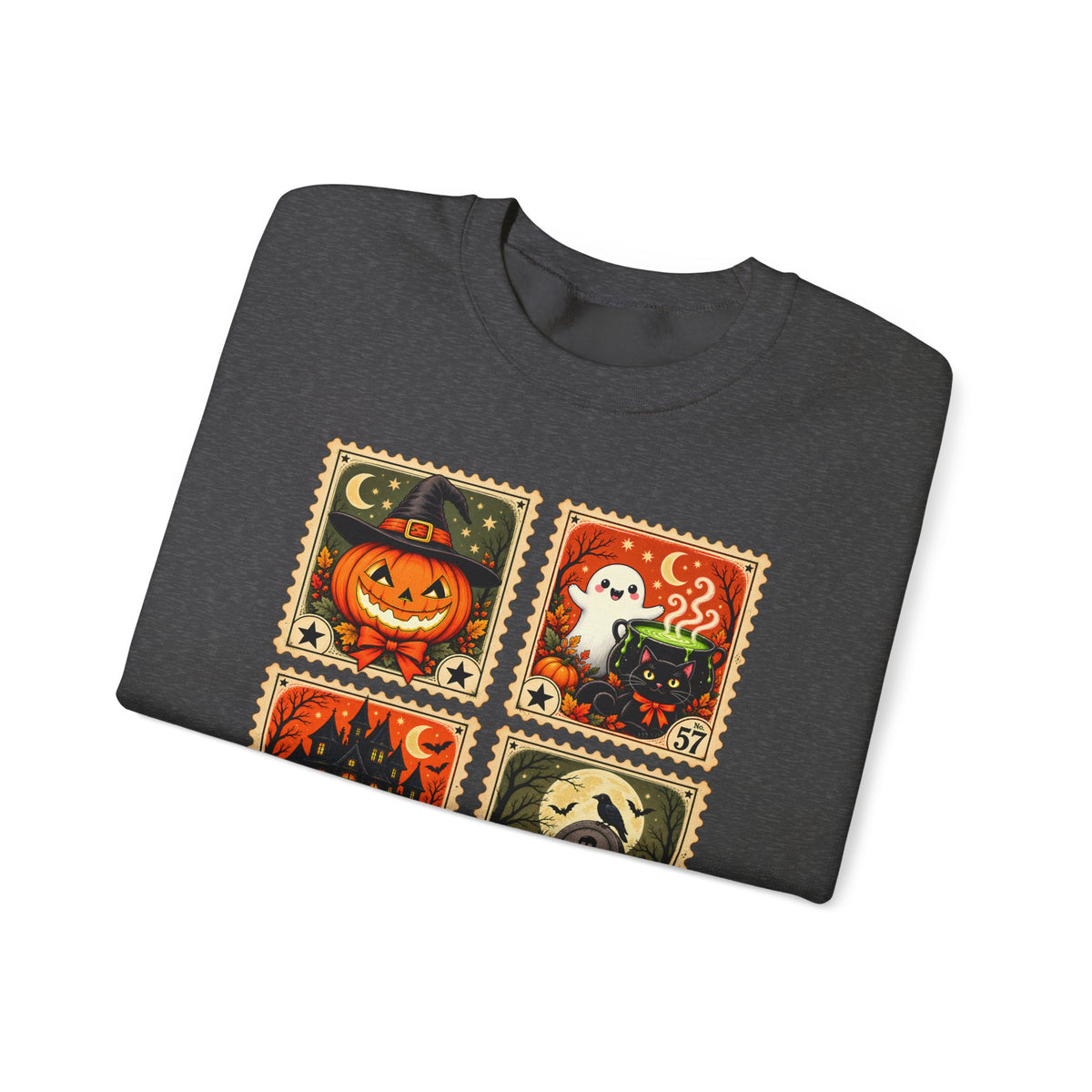Vintage Halloween Stamp Sweatshirt, Spooky Pumpkin & Ghost Crewneck - 14510