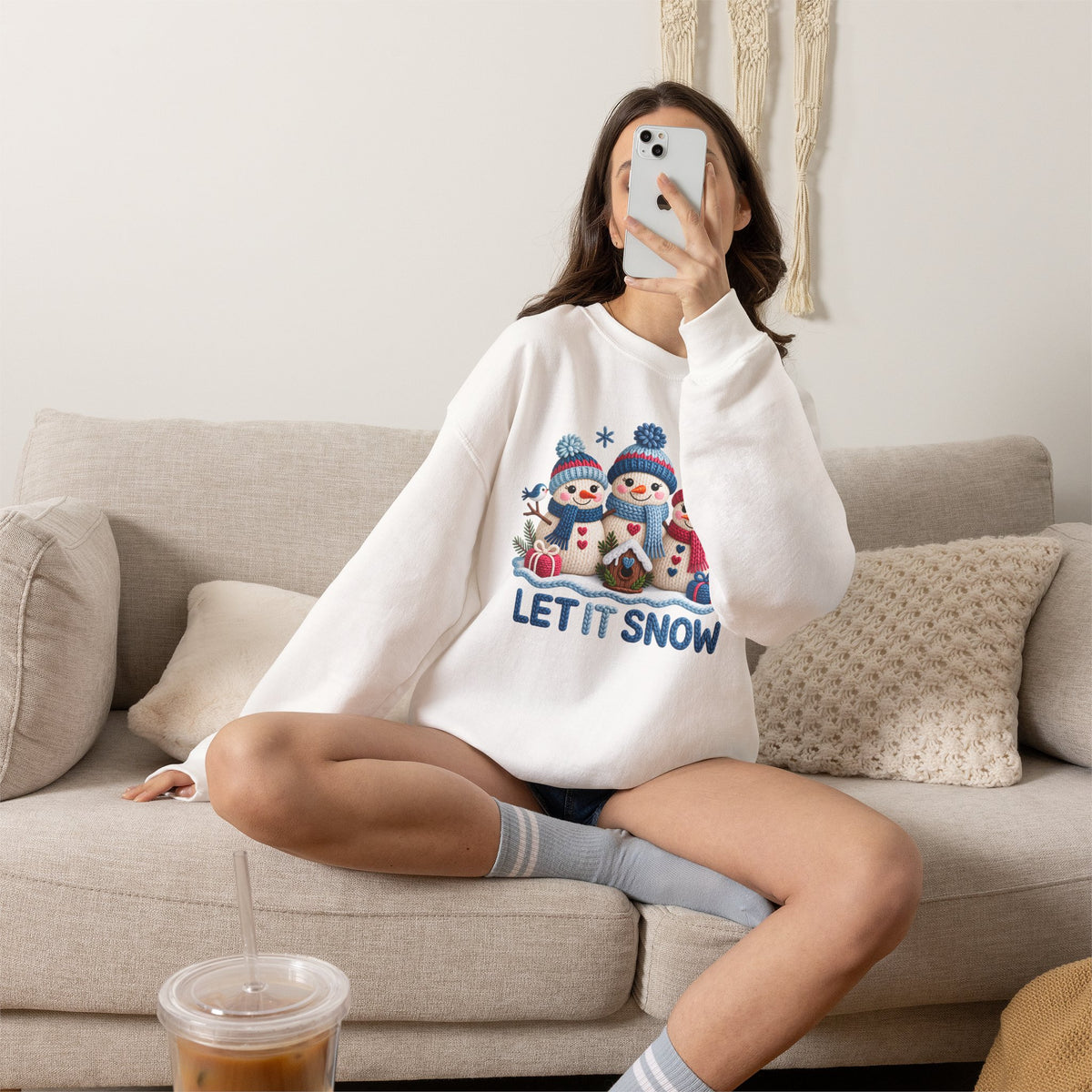 Let It Snow Sweatshirt, Cute Knitted Snowmen Christmas Crewneck - 14570