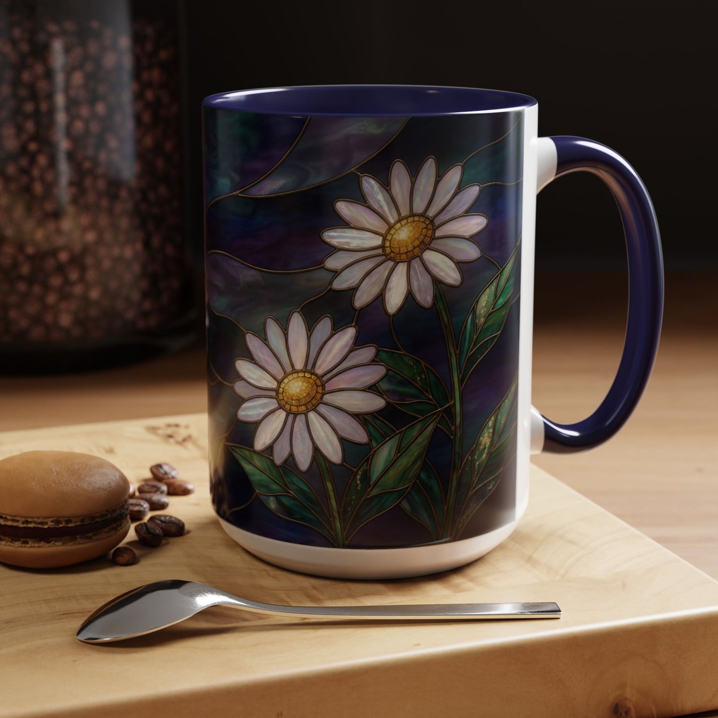 Daisy Stained Glass Accent Coffee Mug — White Daisies on Midnight (11/15oz) - 14535