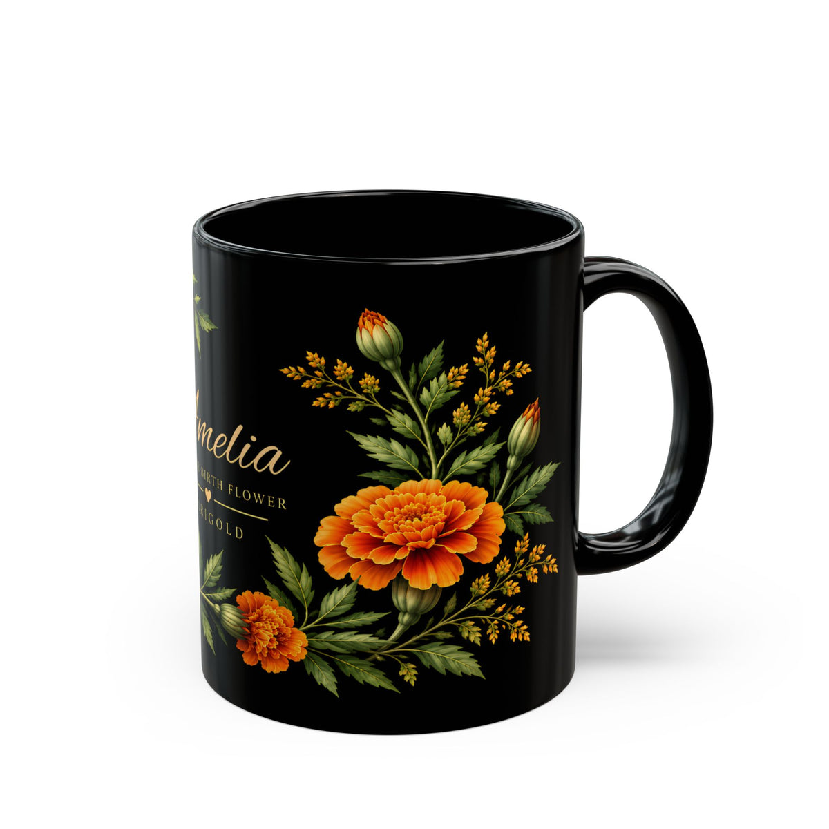 Personalized October Birth Flower Mug,  Marigold Black Coffee Cup, Custom Name 11oz/15oz - 14976