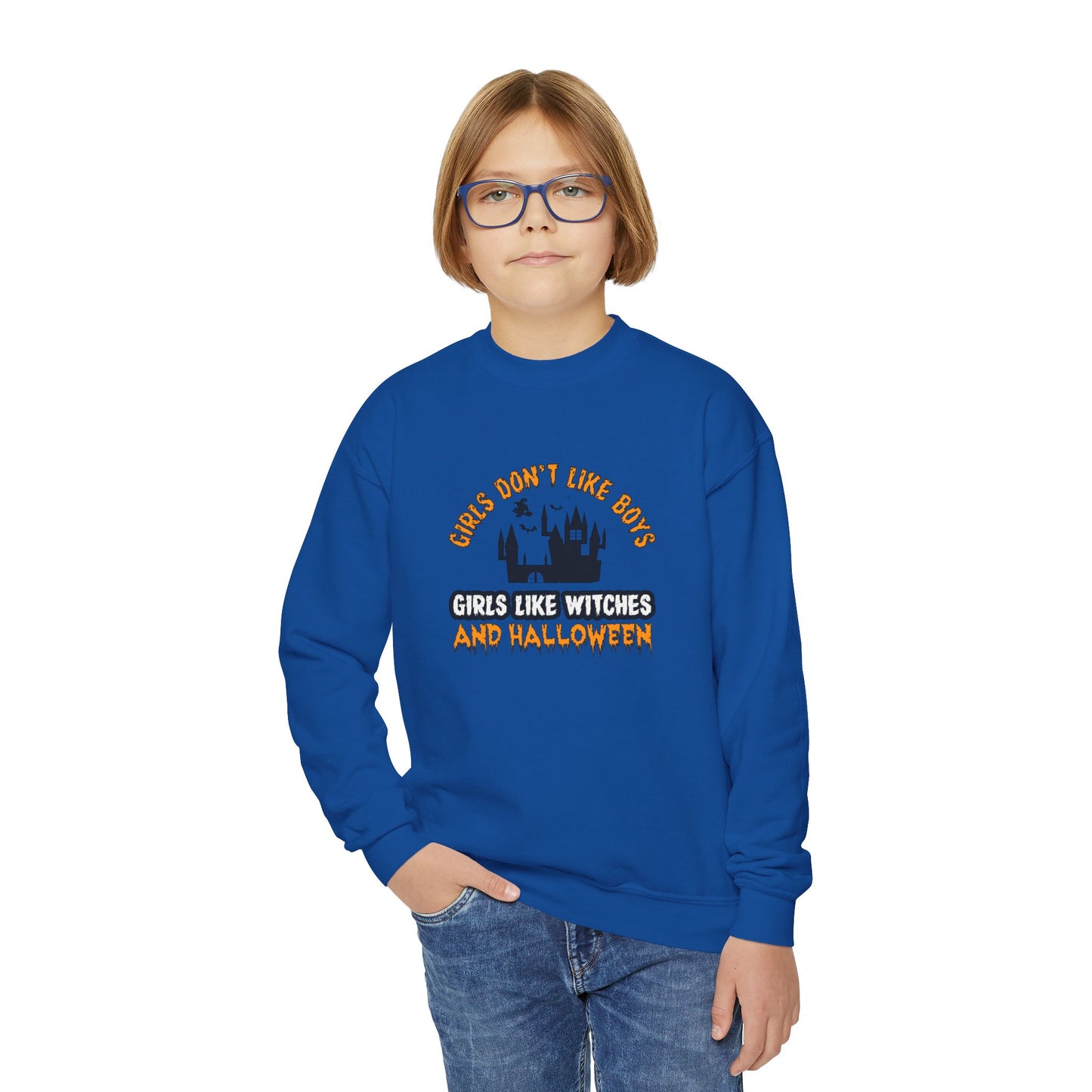 Girls Don't Like Boys. Girls Like Witches and Halloween - Youth Crewneck Sweatshirt